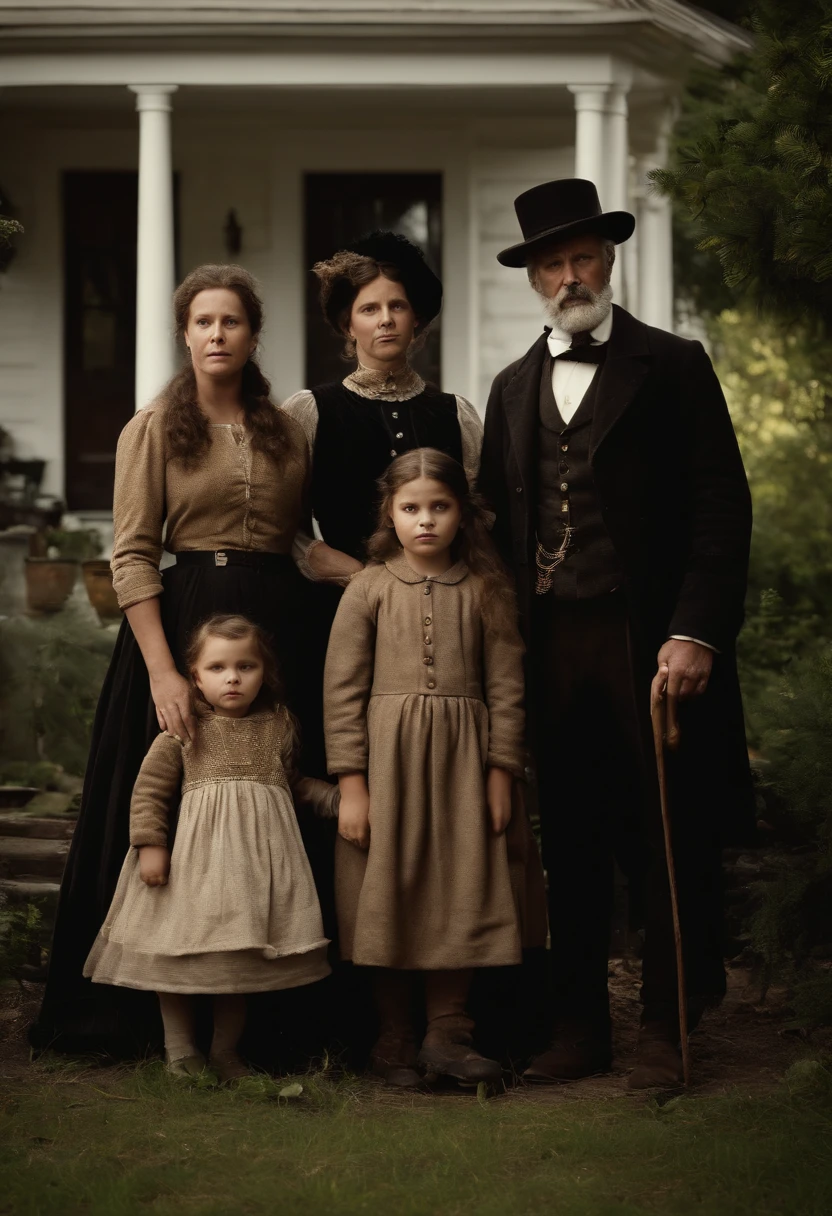 stressful footage of a 1800’s family in the United States outside their house. Scary animal as their pet