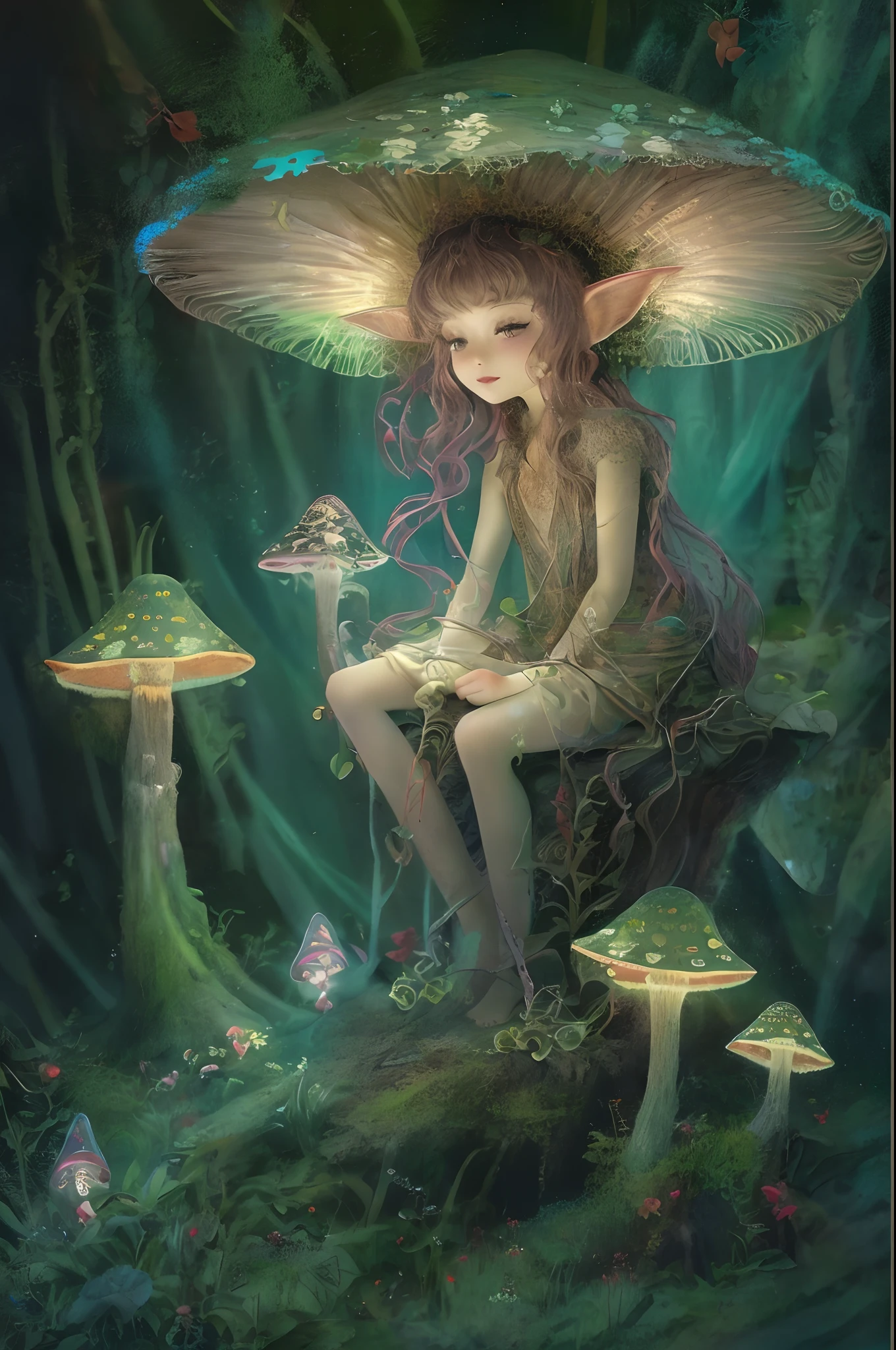 Faery on a Bioluminescent Mushroom in a Cave as a digital illustration inspired by Brian Froud, depicting a whimsical, ethereal scene with warm, soft lighting and a sense of wonder in the faery's expression--v 5 --stylize 1000