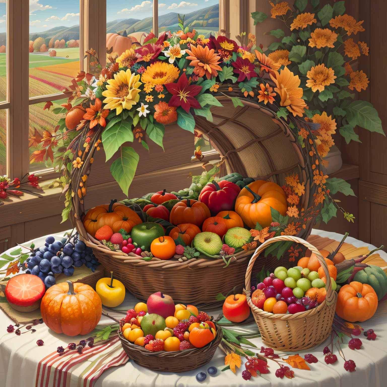 there is a painting of a table with a basket of fruit and flowers, harvest fall vibrance, harvest fall vibrancy, harvest, by Laura Wheeler Waring, renaissance autumnal, the goddess of autumn harvest, fruit and flowers, cornucopia, fall vibrancy, overflowing feast buffet table, autumn tranquility, rural splendor, by Carol Bove, by Nancy Graves