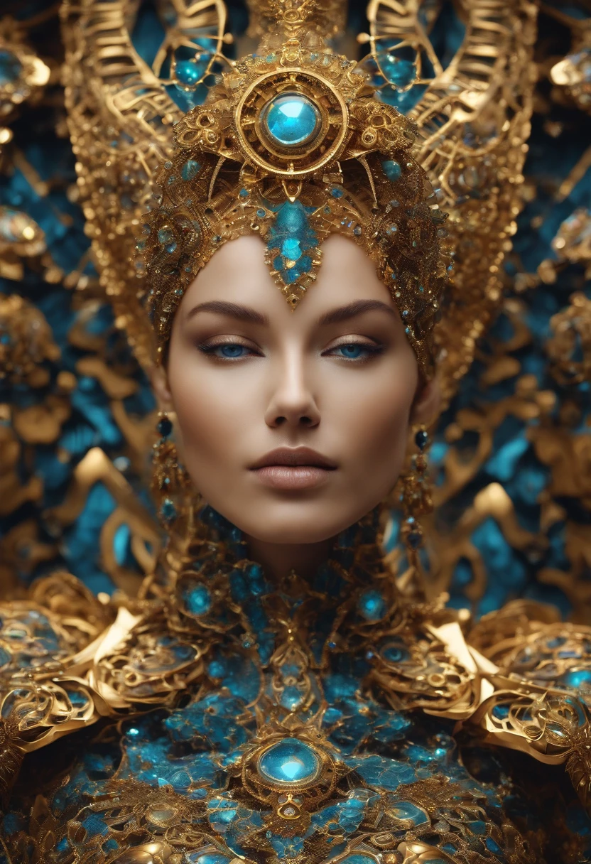 beautiful robot - being photo face photo\t skin covered lace jewelry arranged in 3 d fractal mandalas\t layers of intricate swirling fractals\t made of gold full of light\t glittering cybernetic armor\t three - dimensional structures in space\t blooming