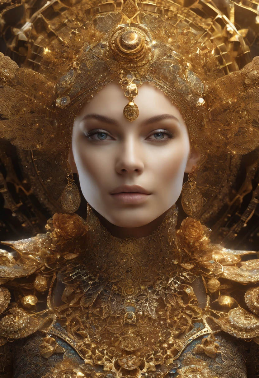beautiful robot - being photo face photo\t skin covered lace jewelry arranged in 3 d fractal mandalas\t layers of intricate swirling fractals\t made of gold full of light\t glittering cybernetic armor\t three - dimensional structures in space\t blooming