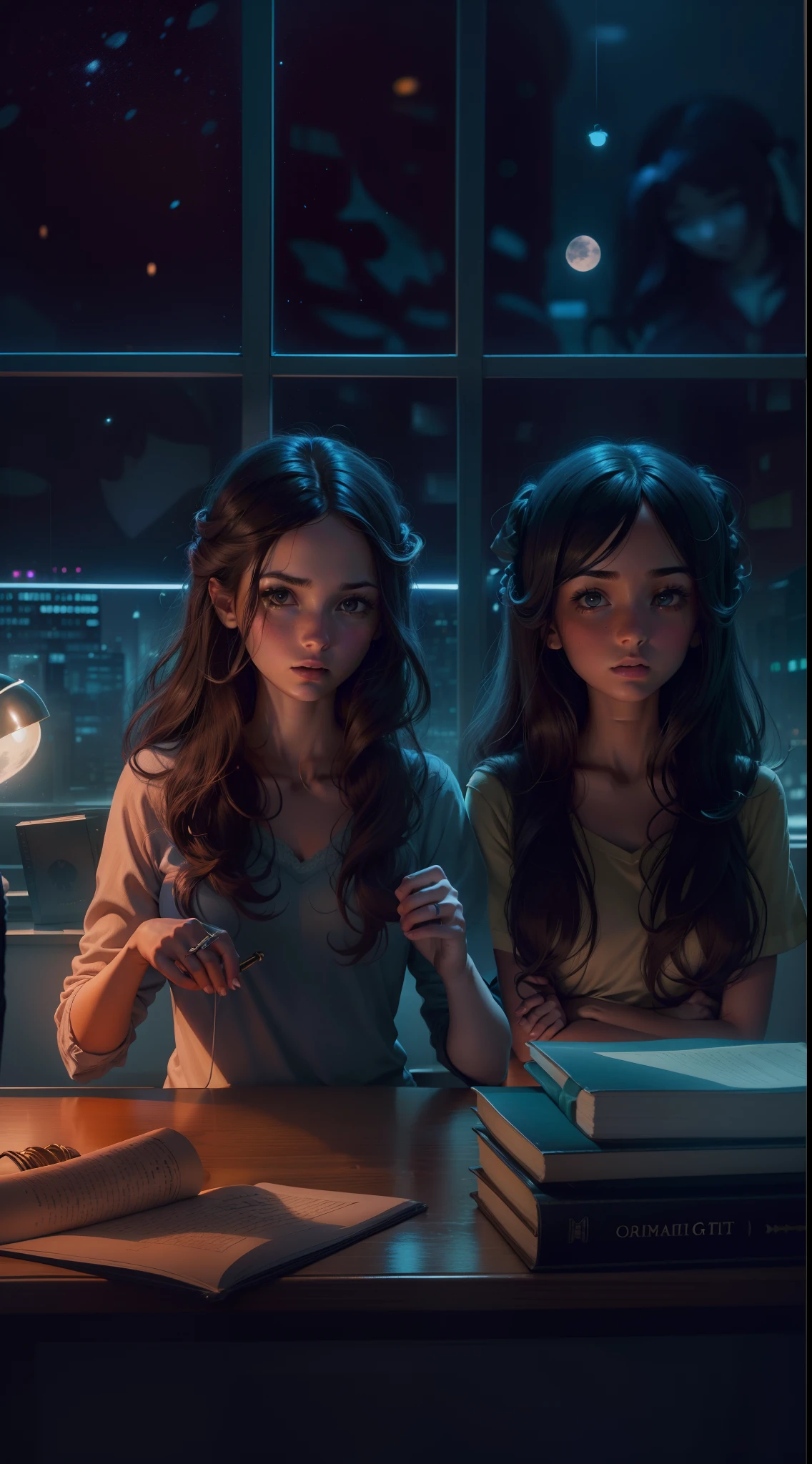 2 girls inside a dark office at night, the prayer Mary and magic, um garota tinha um cabelo curto e vermelho, e a outra garota tinha um cabelo longos e preto com mechas azuis. it is night time, and the 2 girls are inside an office