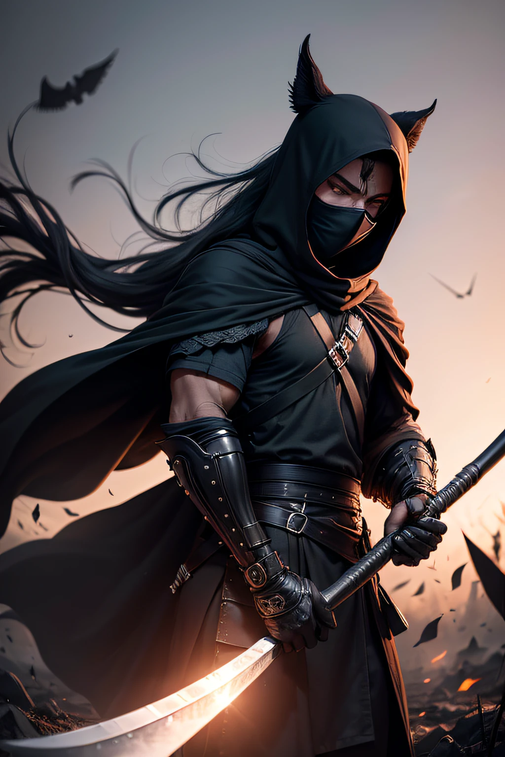Masked warrior wearing black clothes with a scythe in hand in a war scenario at the moment of twilight from the sky