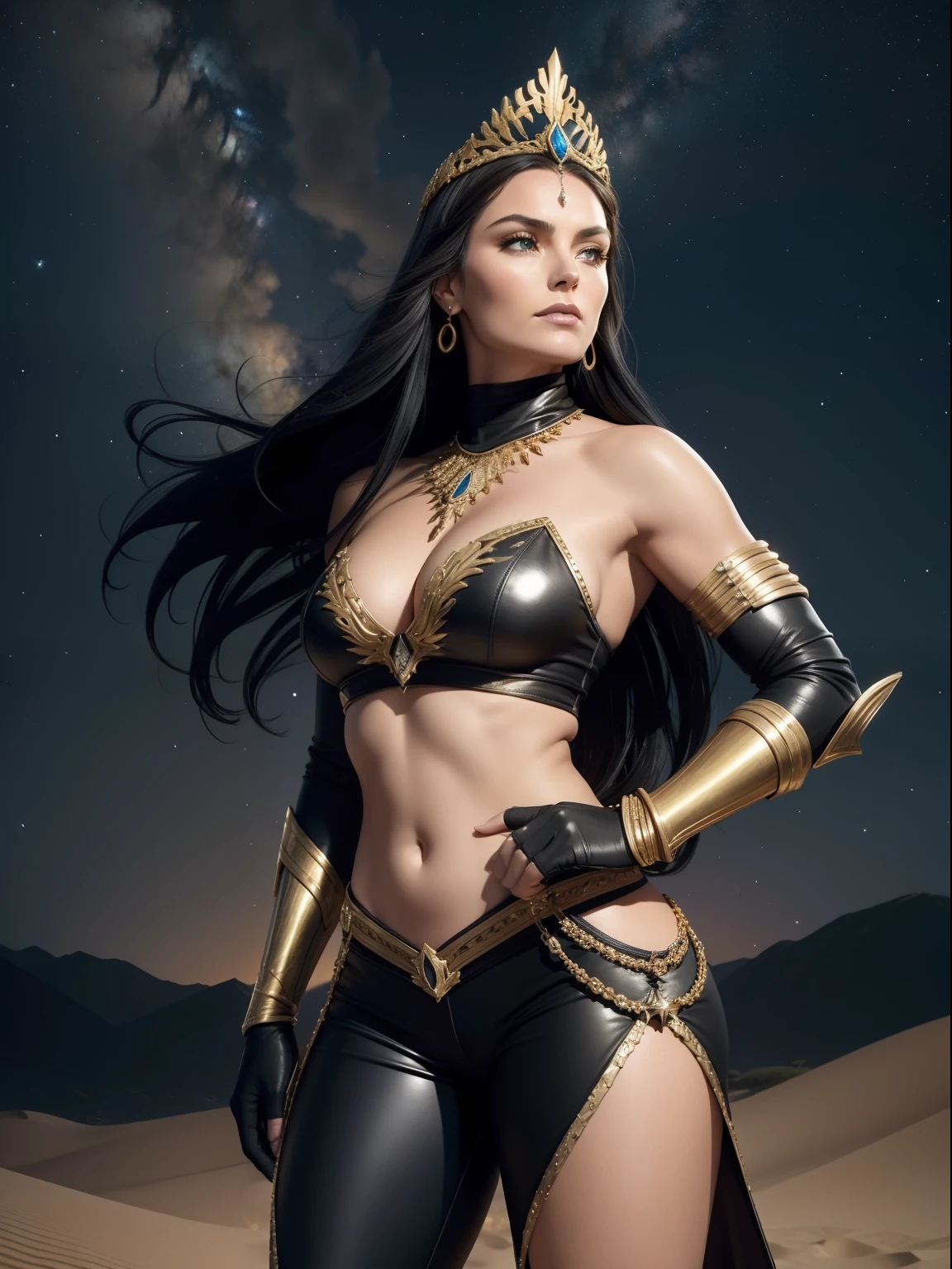( desert dunes at night ) Lindsey Vonn with black hair like a MYTHOLOGICAL DIVA in a black leather armor with gold accents, golden armlets, braceletes dourados largos, discreta tiara dourada na testa coxas expostas, Arms flexed with clenched fists, look-at-camera , athletic curvy body, look-at-camera, Musculatura suavemente definida, guerreira destemida, Front view, perspectiva de corpo inteiro, Starry night sky, Realismo 32K