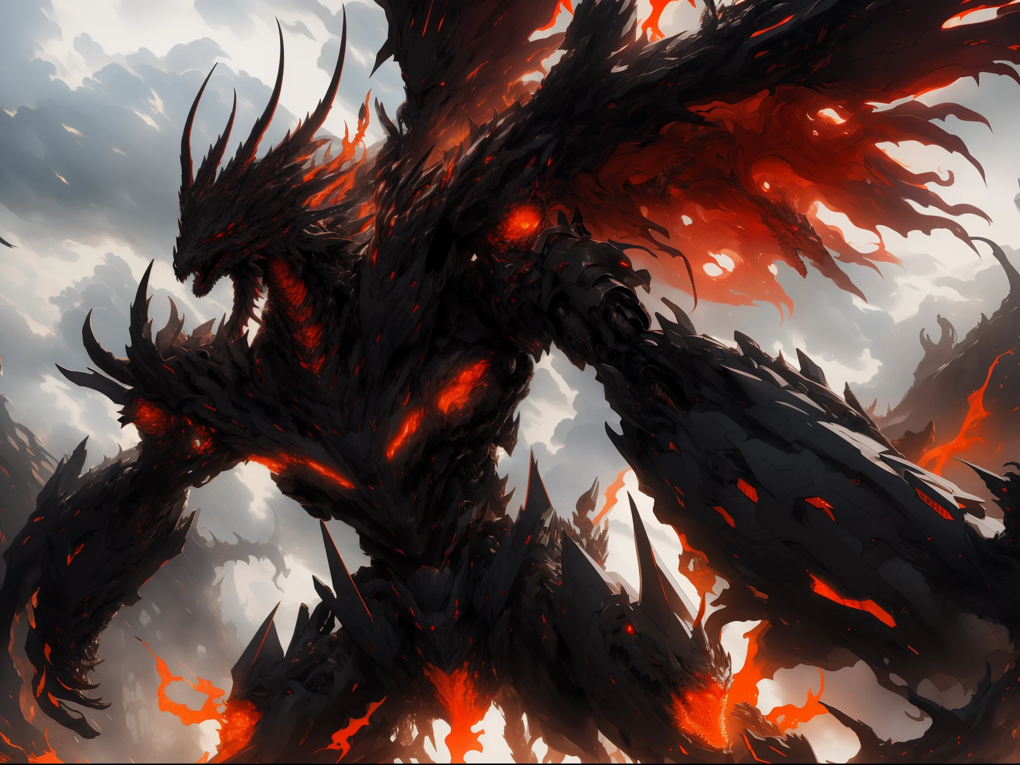 A robotic dragon,metallic scales,mechanical wings,fire-breathing,gleaming red eyes and sharp teeth,hovering above a futuristic city,breathing fire from its mouth,creating havoc and destruction. The dragon is made of shining steel and its movements are fluid and graceful, reminiscent of a real dragon. The city beneath the dragon is a mix of tall skyscrapers and intricate architectural designs, with futuristic vehicles flying in the air and people running for cover. The sky is filled with dark clouds, with bolts of lightning illuminating the scene. The dragon is surrounded by smoke and flames, adding to the chaos and intensity. The overall image is of a powerful and menacing robotic creature, wreaking havoc and instilling fear in the hearts of the inhabitants. The colors are vibrant and intense, with a mix of fiery reds, deep blacks and metal hues. The lighting is dramatic and dynamic, with the dragon casting long shadows and the cityscape bathed in an eerie glow. The artwork is a combination of digital rendering and traditional painting techniques, resulting
