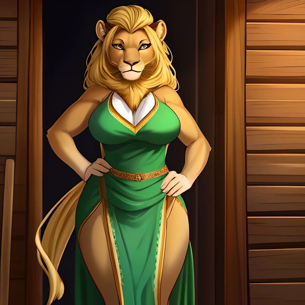 Fundo campo gramado, africa, 1girl, lion female, blonde hair, cabelos loiras, olhos amarelos, vestidos de folhas, selvagem, colar de dente, pose elegante, Hand on waist, figura curvas, figura milf, (Front view), (Full body view)