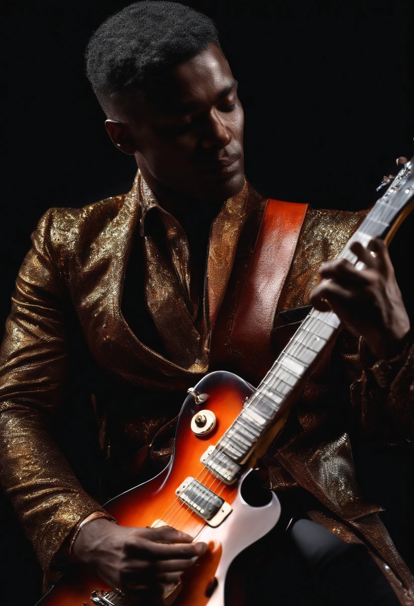 Man with steel skin playing electric guitar