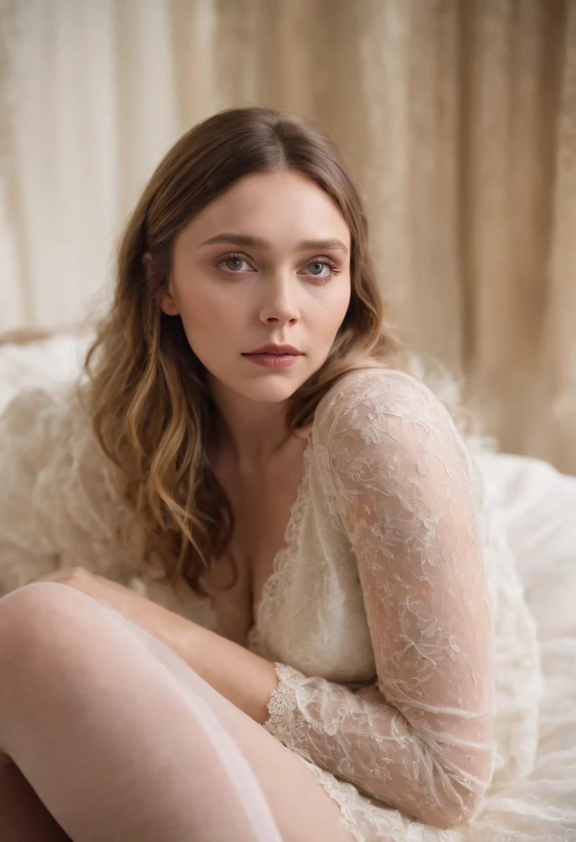 elizabeth olsen acostada en la cama, Her right arm and left arm rest behind her, Wear transparent stockings and legs are open., mostrando sus nalgas y minora, sin sujetador, You are biting your lower lip