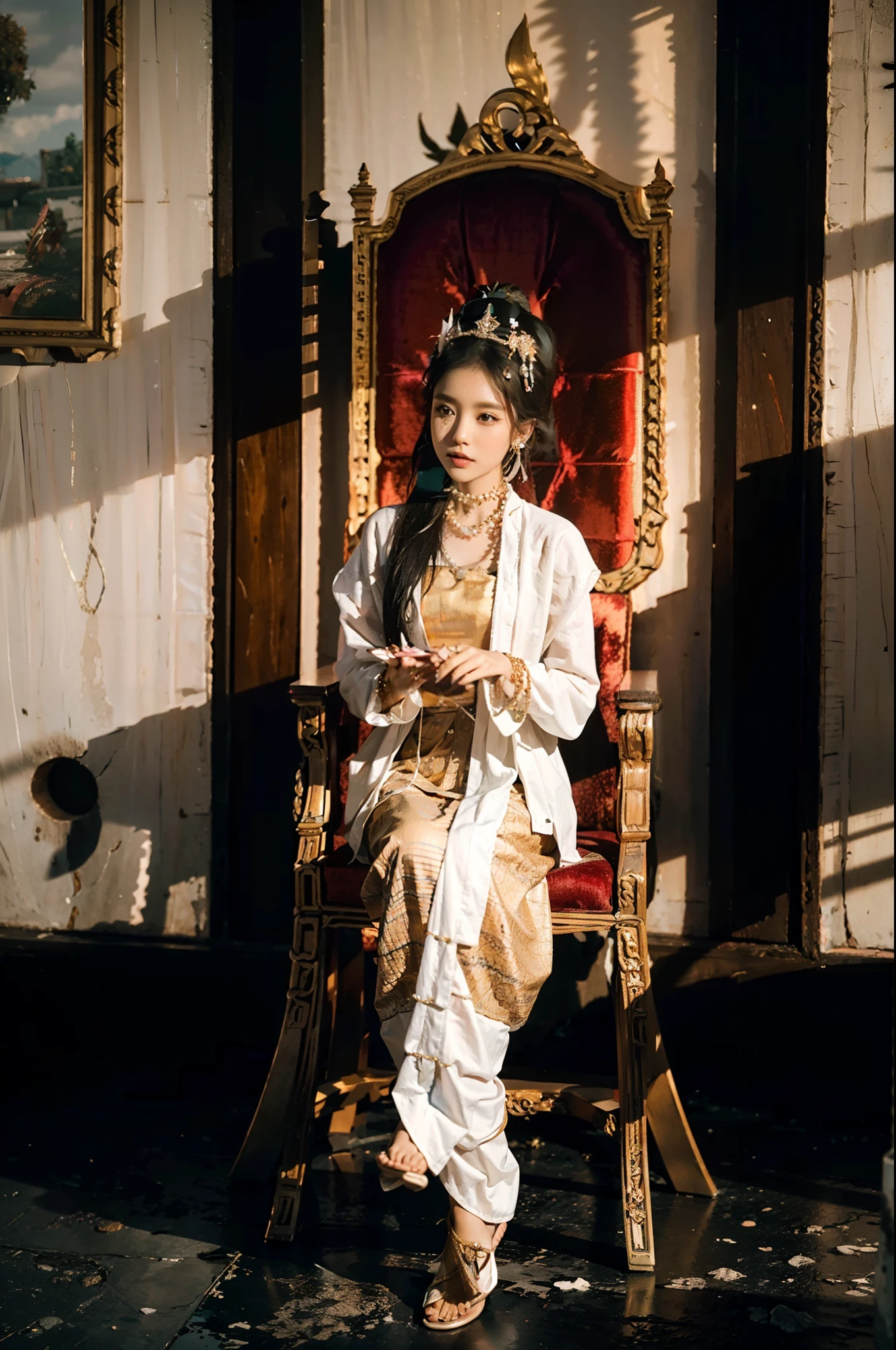 MMTD BURMESE PATTERNED TRADITIONAL DRESS WEAR BEAUTIFUL queen,WEAR PEARL NECKLACES AND GOLD BRACELETS,FULL BODY DETAILS BEAUTY, sitting in royal manner on the long golden traditional throne in golden palace, Myanmar traditional hair style,best composition, full view covered shot, cenimatic lightning and ultra realistic details, octane rendering, unreal engine, sharp focus,32k ,UHD resolution