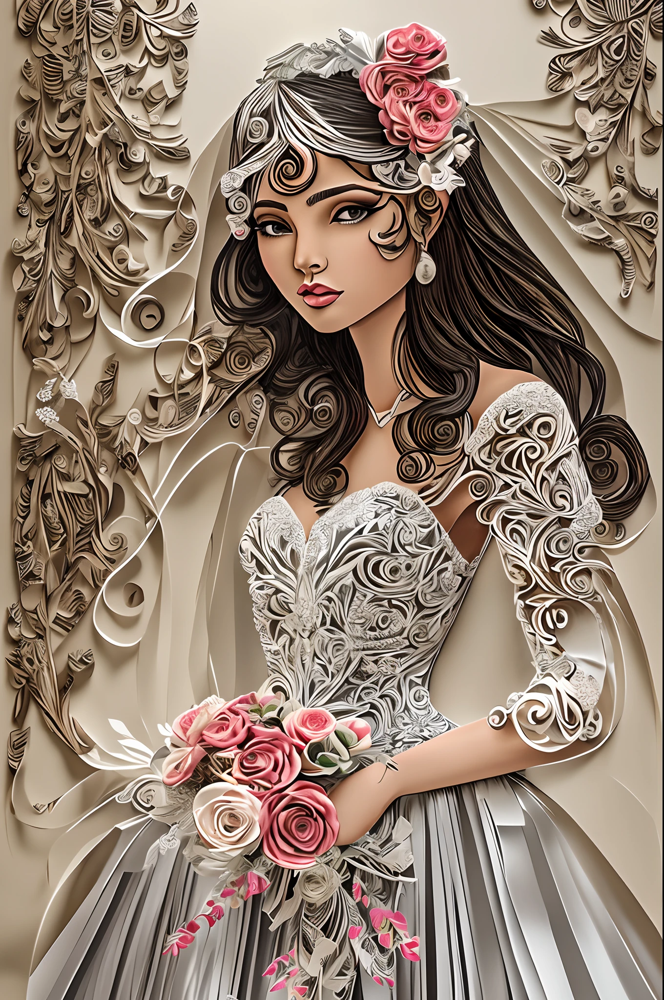 8K, Best Quality, Top resolution, Anatomically correct, ornate detail, Craftsmanship, (paper cut: 1.3), (Bouquet of real fresh flowers in hand: 1.3), (Bride in Haute Couture Wedding Dress :1.1), Face hidden in the veil, stands in a flowering field, Real flowers, Cutouts depicting a flower garden, Fusion with fresh flowers, Art Book,Kirigami bride
