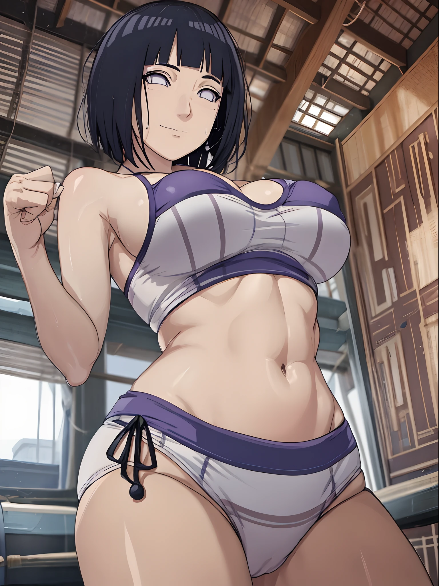 (ultra detailed), poster, anime style, hires ((wrestling ground)), (hinata\(boruto\), (female wrestler), (slender body, sweating, tired), mature woman, milf, (bikini, ultra detailed pro wrestling gear) victorious, gorgeous, winner, kind face, smile, closed mouth, (pale skin, shiny skin, lighting and shadow), (dark blue hair color:1.1), wavy hair, ((short hair, hime cut), big breasts, (only one arm stretching), long belly, closed fists, seductive, (perfect eyes, white sciera, bright eyes, white eyes, anime eyes, eyeshadow, looking at the viewer)