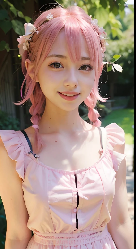 (ultra-detailliert), Cute princess dress in pink color,(frilly dress),(shortsleeves),Blue eyes,The upper part of the body、a closeup、faces、(A smile:1.5),(facing front:1.2), 20yr old, s girl,no tail,(no tail),2D, masterpiece, top-quality, Band Group Vocals, a closeup, Stand Microphone, Mouth open, A detailed eye, A detailed face, girl with, Only 1 person,Pink Hair Medium Hair, (Pink hair), Ear Hair, small tits, Single braid, (Single braid), (Side braid), Pink ribbon, Ribbon around the neck, (White sleeves), Background bokeh
