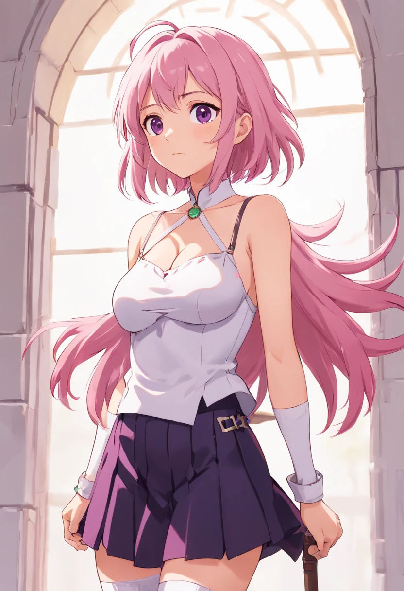 1girl, shikimorisan, pink hair, long hair, blue eyes, hair between eyes, bangs, blush, makeup, smile, breasts, black sweater, bare shoulders, sleeveless, skirt, looking at viewer, masterpiece, best quality   