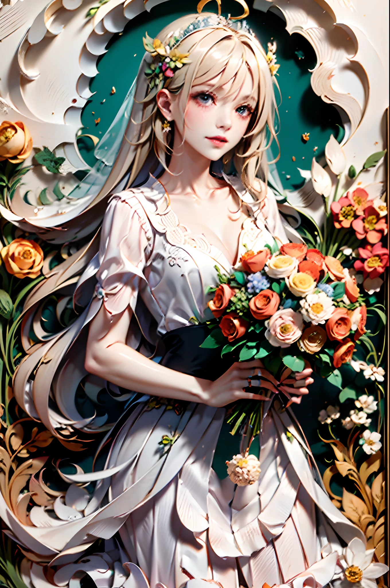 8K, Best Quality, Top resolution, Anatomically correct, ornate detail, Craftsmanship, (paper cut: 1.3), (Bouquet of real fresh flowers in hand: 1.3), (Bride in Haute Couture Wedding Dress :1.1), Face hidden in the veil, stands in a flowering field, Real flowers, Cutouts depicting a flower garden, Fusion with fresh flowers, Art Book,Kirigami bridle