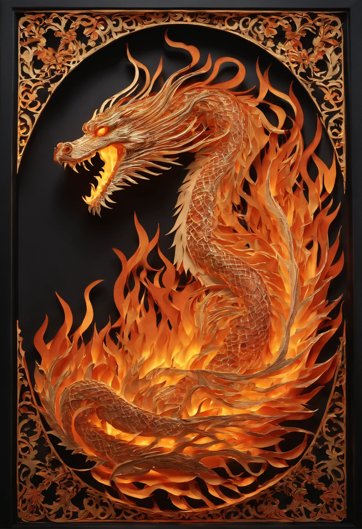 Best Quality, Top image quality, Top resolution, Intricate details, Craftsmanship, (Papercut:1.3), The work of a magician with fire magic, Ring of Fire, Dragon engulfed in flames, Cutting framed paper, Museum, Protruding from the flame of the flame, Actual Paper Burning, fire, Real Fire