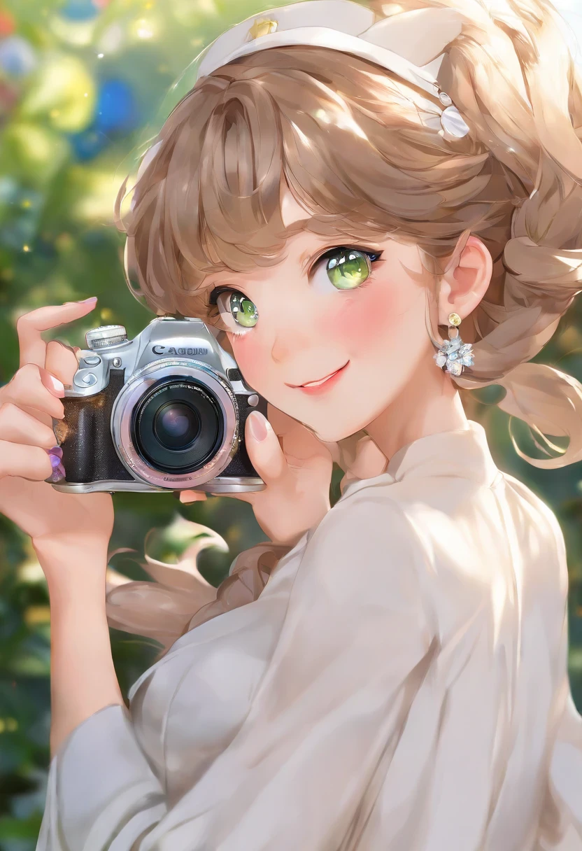 "Describe a girl with a delicate face and African features. His green eyes are the highlight, being well detailed and expressive. The irises have vibrant shades of light brown, with a golden ring around the pupil. The eyelashes are long and curved, further enhancing the charming look. Her eyebrows are precisely defined, with well-groomed and arched hair, highlighting the facial expression. The makeup is soft, enhancing the girl's natural beauty. Her skin is flawless, with a smooth and luminous texture. The lips are delicate and proportional, with a soft and natural color. The image should be captured in high definition, providing a faithful representation of the girl in realistic photographic style." "type": "photograph", "art_styles": "realistic", "art_inspirations": "portrait photography, fashion photography", "camera": "Canon EOS R5", "shot": "close-up", "render_related_information": "The image must be captured with extreme precision and detail. Use soft, diffuse lighting to highlight the subtle details of the girl's face. Capture the texture of the hair, highlighting the reflections in the dark and curly strands. Pay attention to the smallest details, such as the curvature of the eyelashes, the sparkle in the eyes and the softness of the lips. The focus should be on the eyes, conveying all the expressiveness and depth of the girl's gaze. The image should convey a sense of realism and authenticity, accurately portraying its unique and charming features