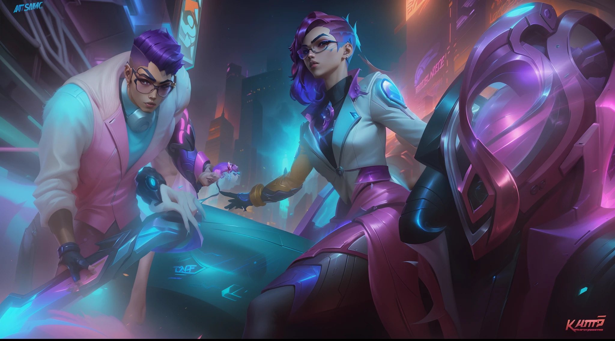 Anime characters in a futuristic city at night, KDA e Sam Yang, KDA, Arte conceitual da Riot Games, iconic character splash art, gama murata e artgerm, Jazza e Rossdraw, League of Legends arte splash, Arte do personagem de League of Legends, arte oficial splash, Feminino Lucio, Ruan Jia e Artgerm, Arte conceitual de League of Legends