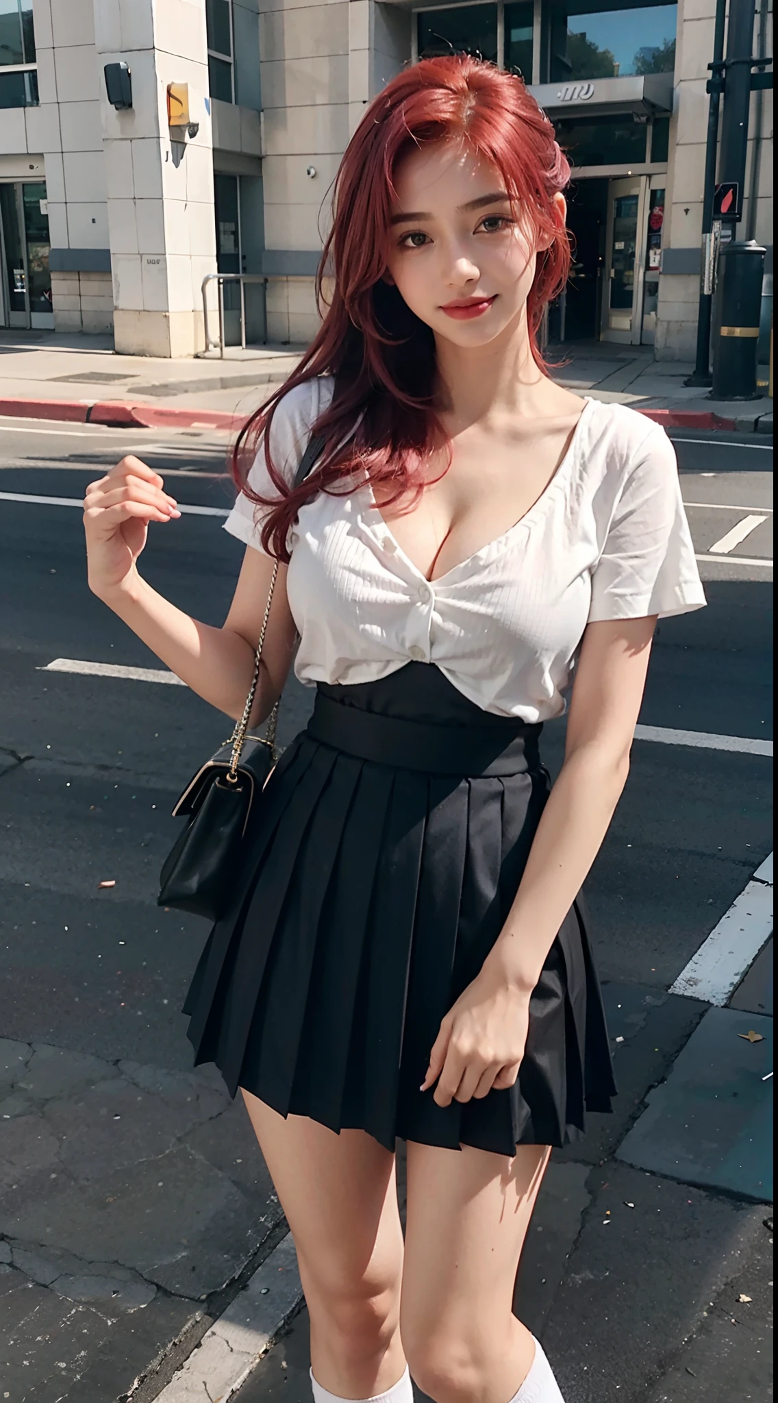 18-year-old member of the girl group，G-cup，Sexy appearance，The beauty of mixed races，Dark gray pleated skirt，short  skirt，White color blouse，Open the top two buttons，Expose cleavage，With a card with red hair，Sweet smile，Pink hair，huge size eyes，White mid-length cotton socks，White Converse canvas shoes，Stand on campus