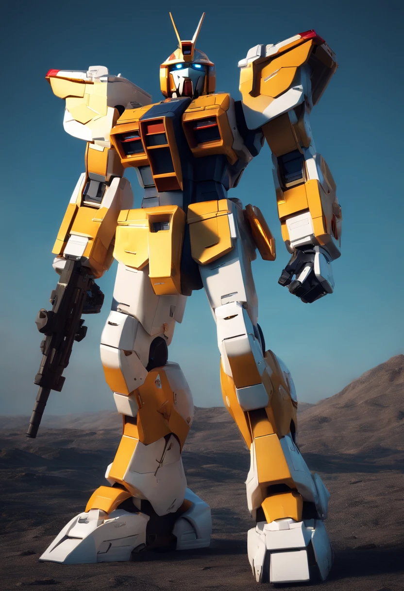 Gundam Mecha tocando baixo, science fiction, Front view, senso de tecnologia, c4d, Renderizador OC, Motor irreal, High detail, desenho industrial, HD 8K, studiolight, retro