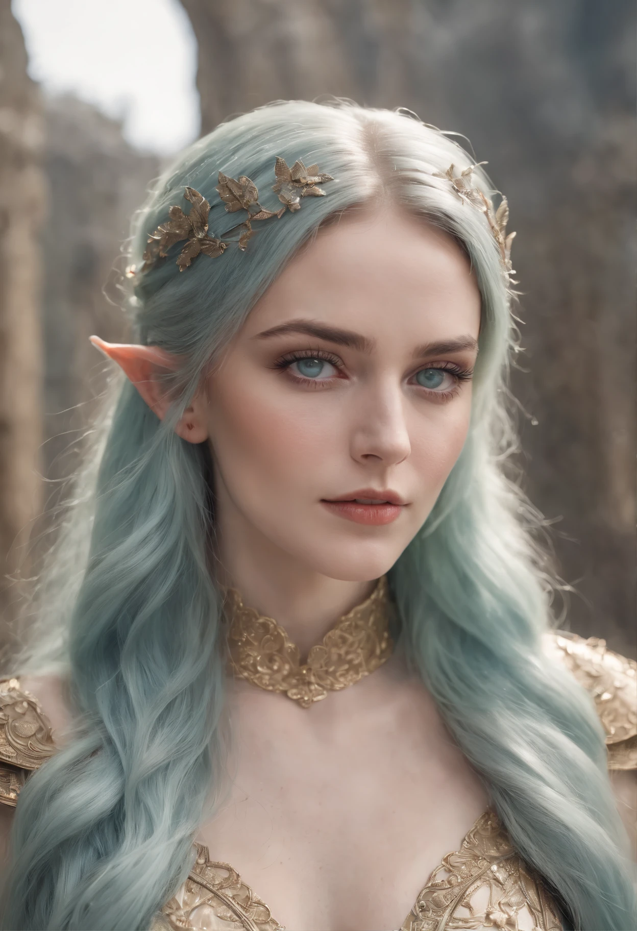 a portrait of an elf, (( long flowing green hair flying, bright pale blue eyes)), 60mm portrait, beautiful pale makeup, color portrait, editorial portrait, light freckles,50mm portrait, stunning portrait, elegant freckles, striking blue eyes, pastel blue eyes, cleavage, black armor, black glove, blood, large breasts, gold dust spread across the skin and face, (dark, hyper-realistic photos (((portrait))) of glass refraction 1vase, background of post-apocalyptic ruins,(((HDR+)))), textures of 4mm, 8k, soft cinematic light, Adobe Lightroom, Photolab, HDR, intricate, elegant, highly detailed, sharp focus, ((((((cinematic appearance)))), soft tones, insane details, intricate details, hyperdetailed, low contrast, soft cinematic light, faint colors, exposure mix, faded, slate atmosphere)