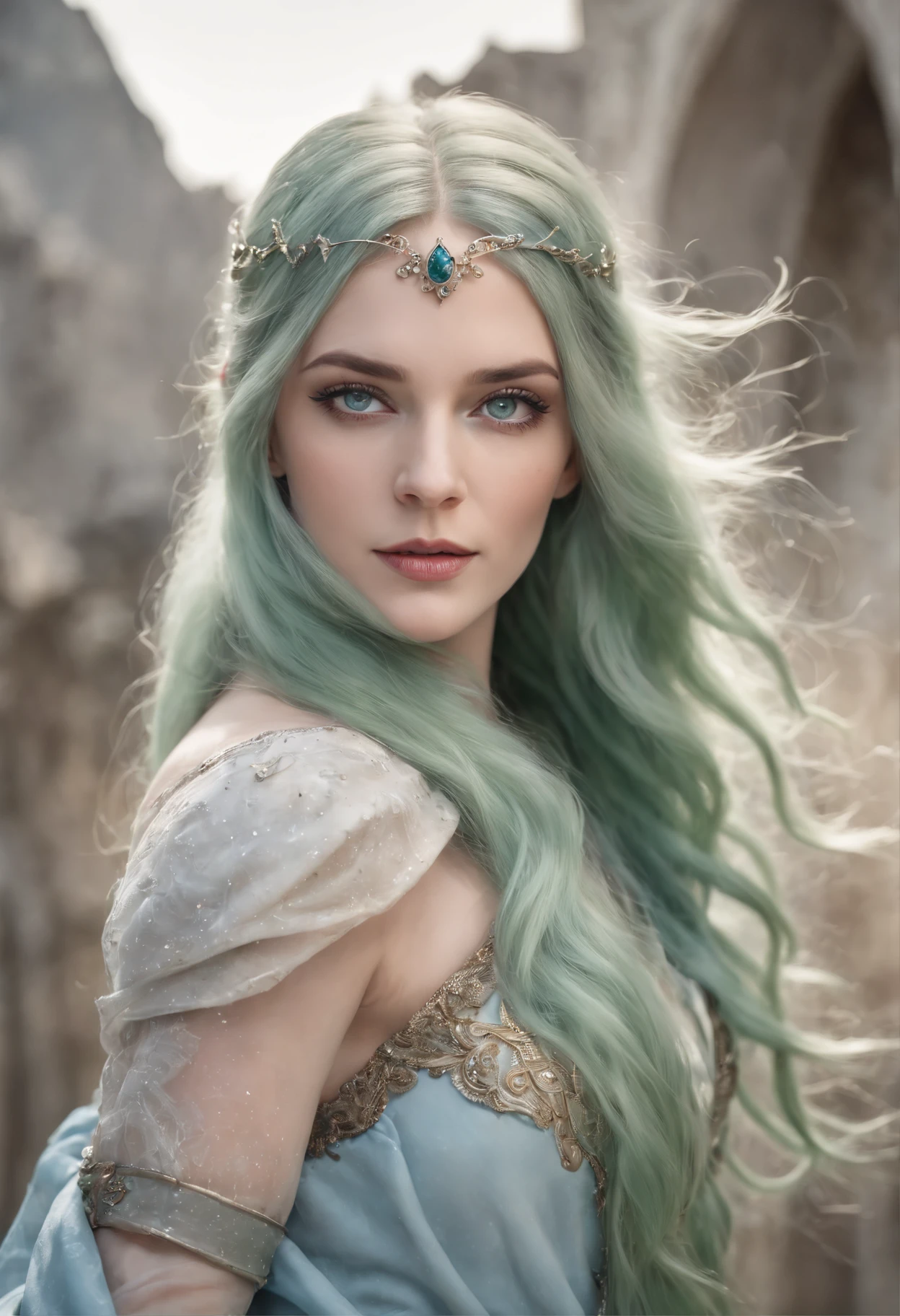 a portrait of an elf, (( long flowing green hair flying, bright pale blue eyes)), 60mm portrait, beautiful pale makeup, color portrait, editorial portrait, light freckles,50mm portrait, stunning portrait, elegant freckles, striking blue eyes, pastel blue eyes, cleavage, black armor, black glove, blood, large breasts, gold dust spread across the skin and face, (dark, hyper-realistic photos (((portrait))) of glass refraction 1vase, background of post-apocalyptic ruins,(((HDR+)))), textures of 4mm, 8k, soft cinematic light, Adobe Lightroom, Photolab, HDR, intricate, elegant, highly detailed, sharp focus, ((((((cinematic appearance)))), soft tones, insane details, intricate details, hyperdetailed, low contrast, soft cinematic light, faint colors, exposure mix, faded, slate atmosphere)