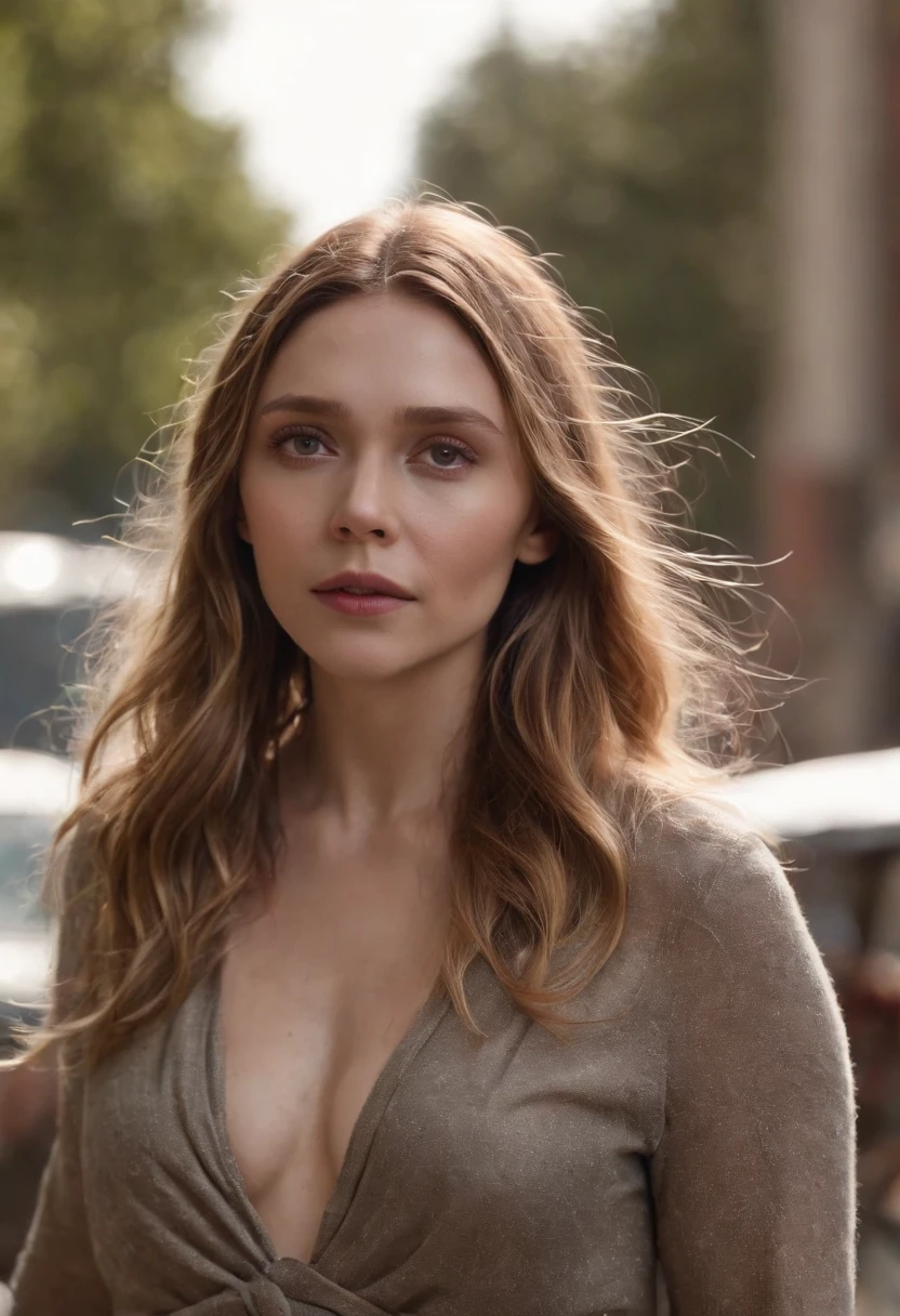 (raw style, Masterpiece, Best Quality, ultra detailed), Elizabeth Olsen, 28 years old, posting outdoors, sweater with deep V-neck showing her tits, big chest, beautiful night, joyfully and happily, clear sky, analog style, (skin texture, film grain), cinematic light, side lighting, ultra high resolution