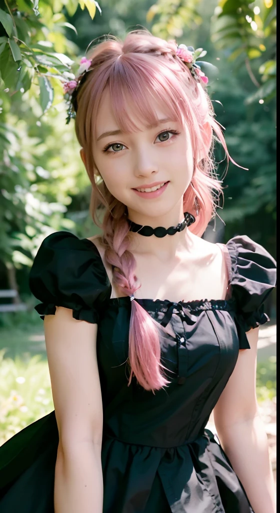 (ultra-detailliert), Cute princess dresses in black color,(frilly dress),(shortsleeves),Blue eyes,The upper part of the body、a closeup、faces、(A smile:1.5),(facing front:1.2), 20yr old, teens girl,no tail,(no tail),2D, masterpiece, top-quality, animesque, A detailed eye, A detailed face, girl with, Only 1 person,Pink Hair Medium Hair, (Pink hair), Ear Hair, small tits, Single braid, (Single braid), (Side braid), Pink ribbon, Ribbon around the neck, (White sleeves), Background bokeh