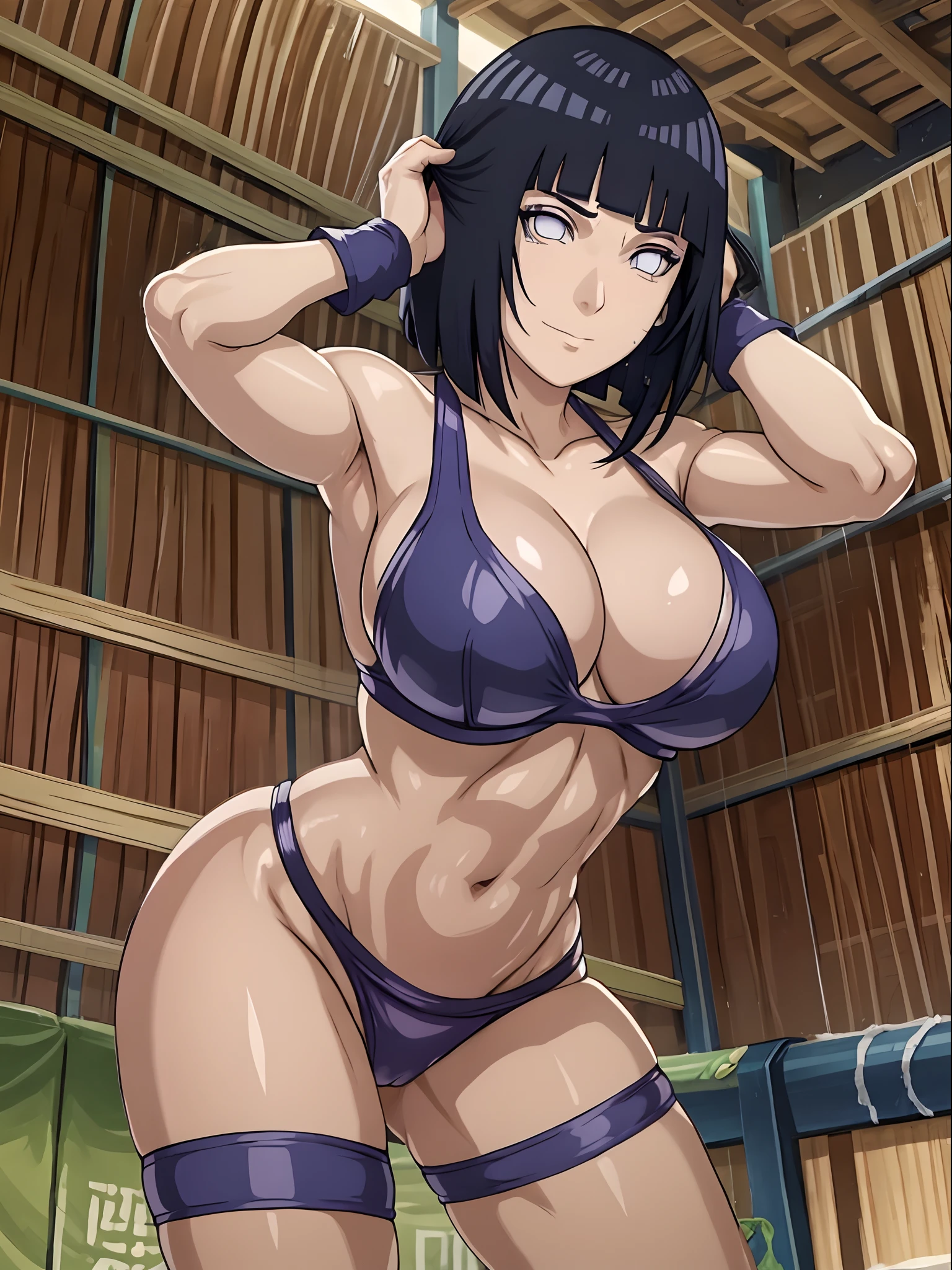 (ultra detailed), poster, anime style, hires ((wrestling ground)), (hinata\(boruto\), (female wrestler), (slender body, sweating, tired), mature woman, milf, (bikini, ultra detailed pro wrestling gear) victorious, gorgeous, winner, kind face, smile, closed mouth, (pale skin, shiny skin, lighting and shadow), (dark blue hair color:1.1), wavy hair, ((short hair, hime cut), big breasts, (only one arm stretching), long belly, closed fists, seductive, (perfect eyes, white sciera, bright eyes, white eyes, anime eyes, eyeshadow, looking at the viewer)