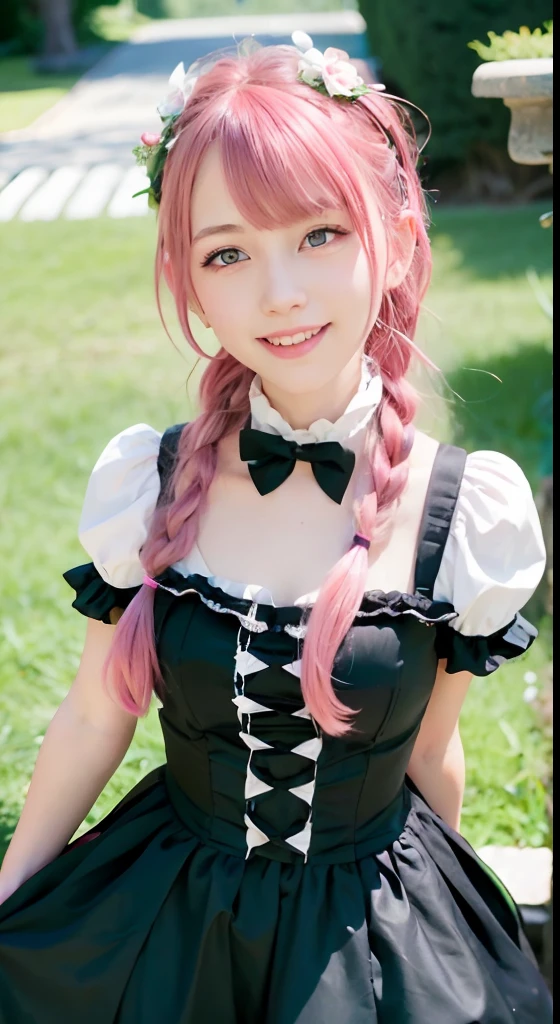 (ultra-detailliert), Cute princess dress in black color,(frilly dress),(shortsleeves),Blue eyes,The upper part of the body、a closeup、faces、(A smile:1.5),(facing front:1.2), 20yr old, s girl,no tail,(no tail),2D, masterpiece, top-quality, Band Group Vocals, a closeup, Stand Microphone, Mouth open, A detailed eye, A detailed face, girl with, Only 1 person,Pink Hair Medium Hair, (Pink hair), Ear Hair, small tits, Single braid, (Single braid), (Side braid), Pink ribbon, Ribbon around the neck, (White sleeves), Background bokeh