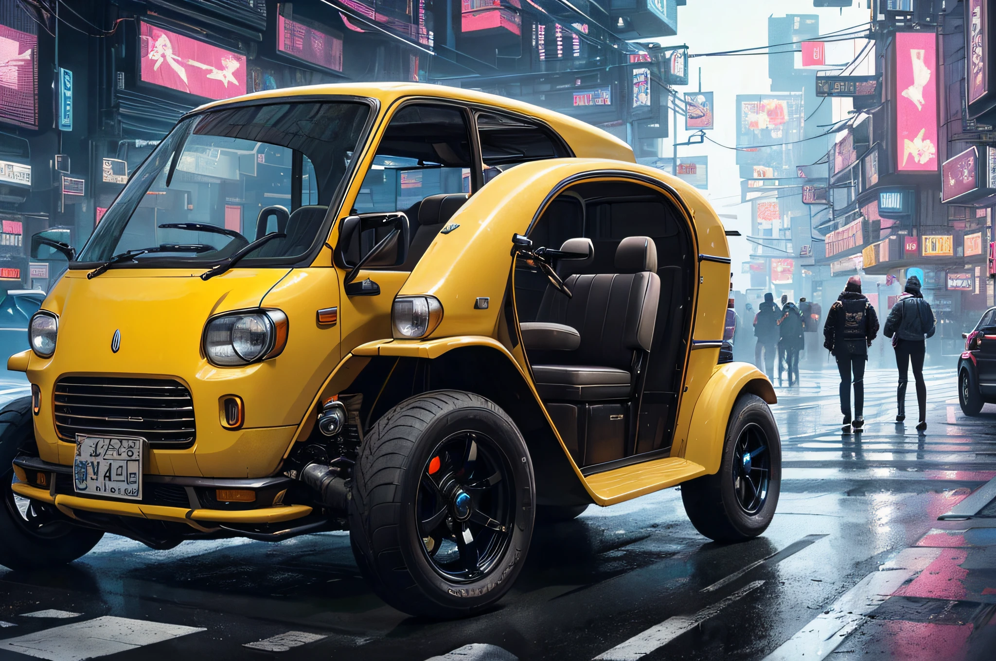 (at late night:1.3), , (detailed beautiful skin textures, detailed beautiful face, ultra detailed clothing textures), , (Cyberpunk:1.4), , (an ultra detailed four-wheeled and long bonnet tuk-tuk and letter-tyres), , (3/4 front view, The car is in the center of the frame), , (at parking area, at ultra detailed Night City of Cyberpunk), (All cars are classic cars with cyberpunk custumed), , (softlighting), , (masterpiece, best quality:1.4, 128k, ultra detailed, illustration, distinct_image, intricate_details, delicate illustration), (realistic:0.15),