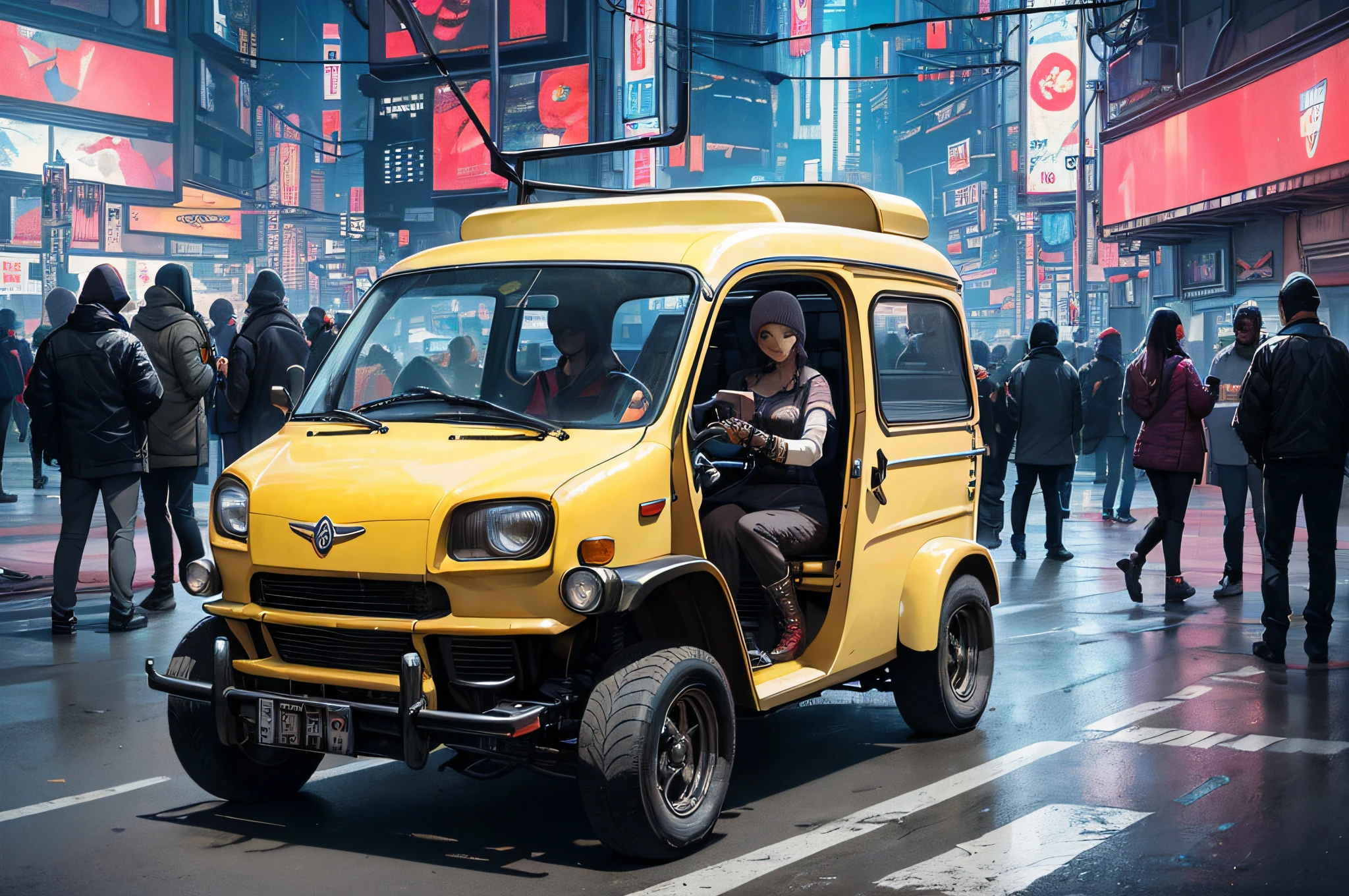 (at late night:1.3), , (detailed beautiful skin textures, detailed beautiful face, ultra detailed clothing textures), , (Cyberpunk:1.4), , (an ultra detailed four-wheeled and long bonnet tuk-tuk and letter-tyres), , (3/4 front view, The car is in the center of the frame), , (at parking area, at ultra detailed Night City of Cyberpunk), (All cars are classic cars with cyberpunk custumed), , (softlighting), , (masterpiece, best quality:1.4, 128k, ultra detailed, illustration, distinct_image, intricate_details, delicate illustration), (realistic:0.15),
