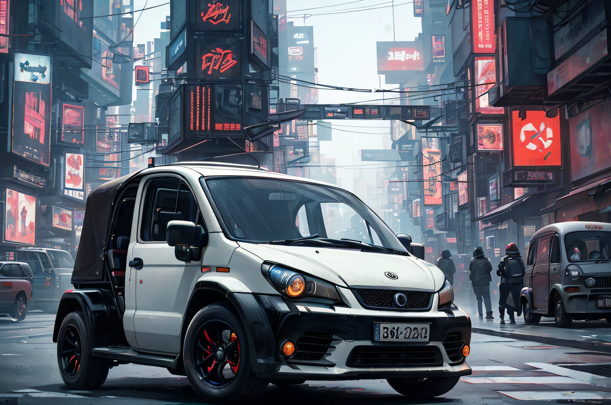 (at late night:1.3), , (detailed beautiful skin textures, detailed beautiful face, ultra detailed clothing textures), , (Cyberpunk:1.4), , (an ultra detailed four-wheeled and long bonnet tuk-tuk and letter-tyres), , (3/4 front view, The car is in the center of the frame), , (at parking area, at ultra detailed Night City of Cyberpunk), (All cars are classic cars with cyberpunk custumed), , (softlighting), , (masterpiece, best quality:1.4, 128k, ultra detailed, illustration, distinct_image, intricate_details, delicate illustration), (realistic:0.15),