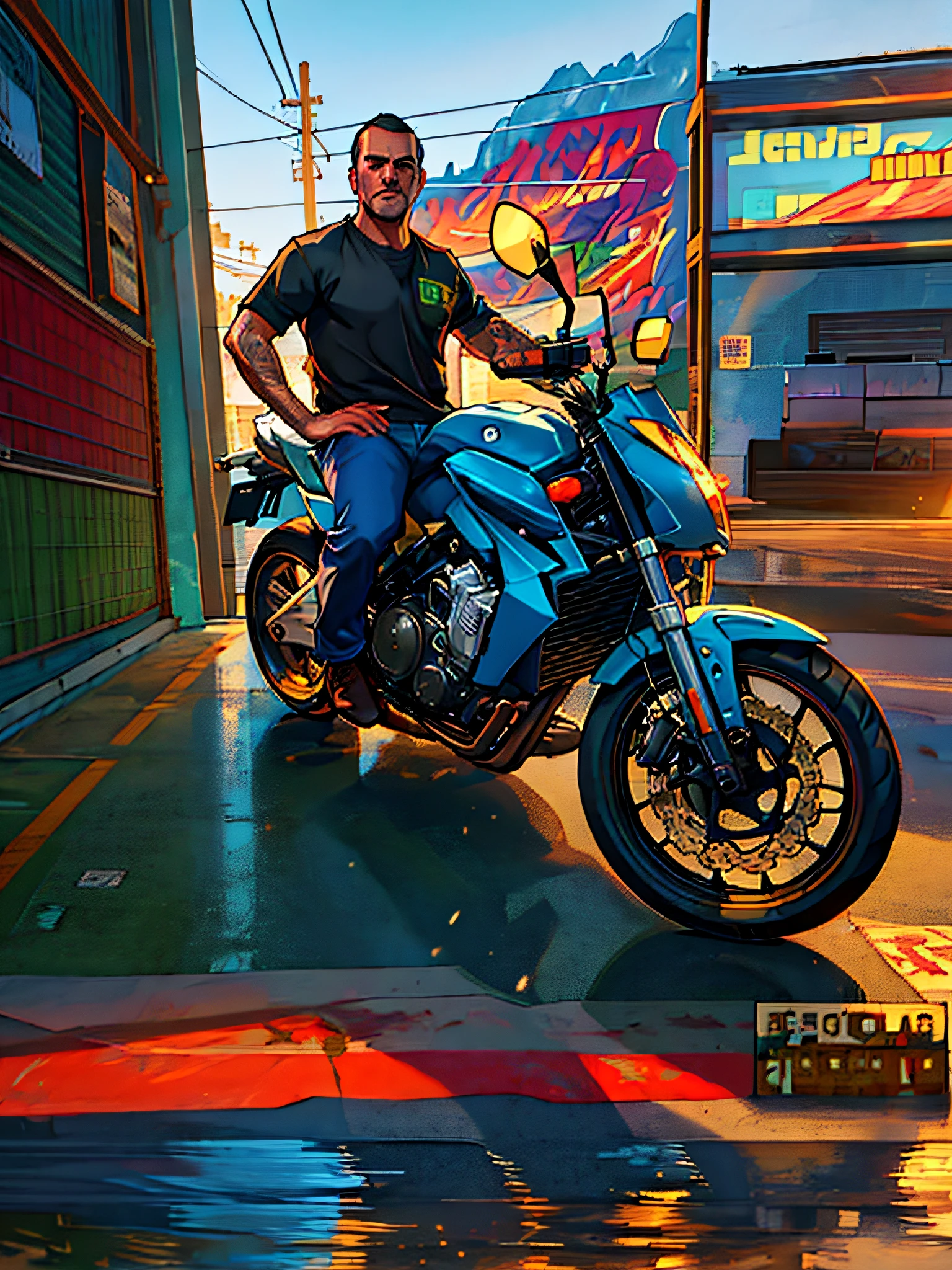 there is a man sitting on a motorcycle in a garage, Estilo de GTA V obras de arte, vetor behance hd jesper ejsing, in illustration style digital, Capa 2D Game Art GTA5, estilo de arte fotorrealista, estilo de arte vetorial, gta estilo de arte, estilo de arte fotorrealista, arte gta 5 quadrinhos, gta arte, daniel maidman octane rendering