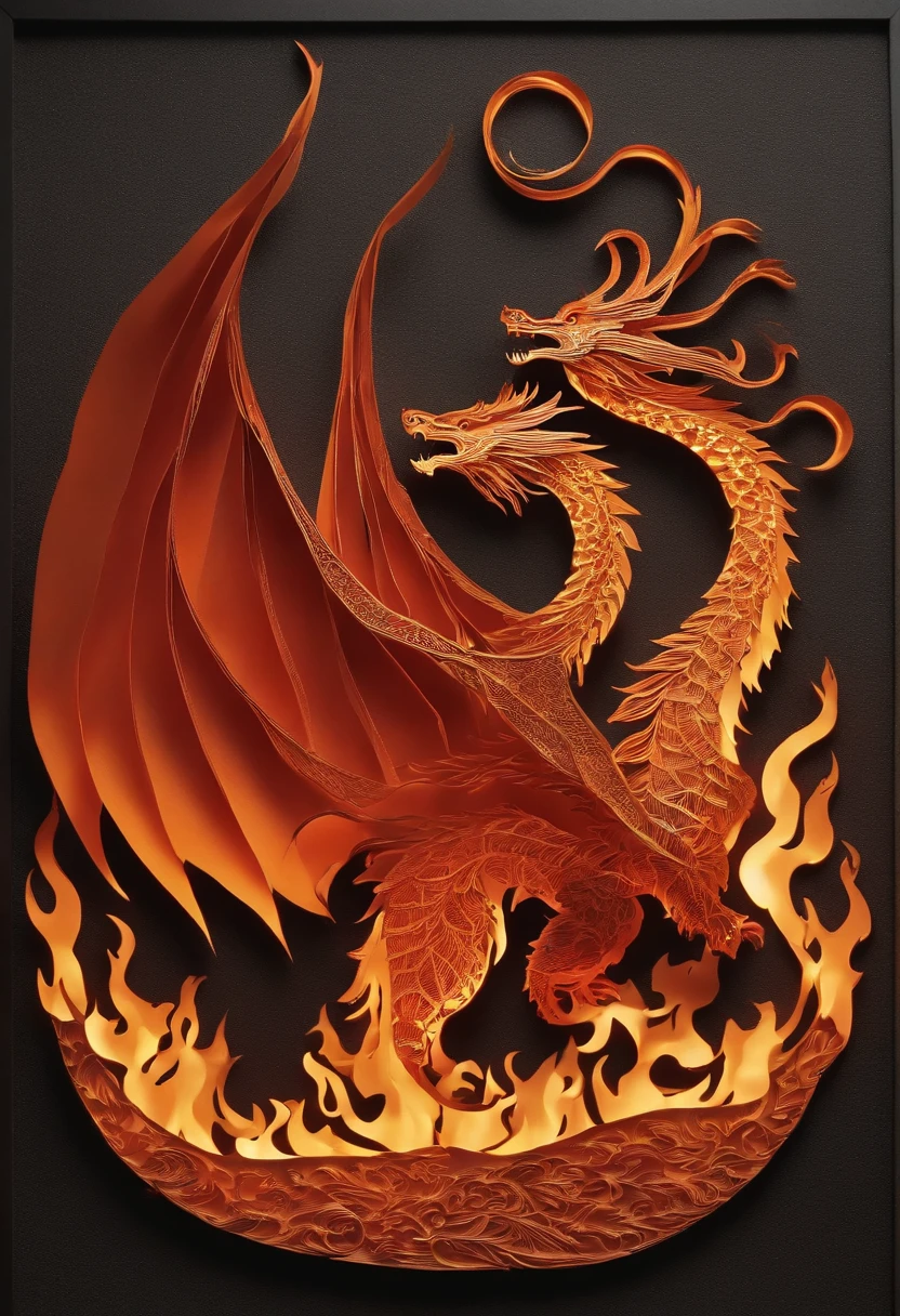 Best Quality, Top image quality, Top resolution, Intricate details, Craftsmanship, (Papercut:1.3), The work of a magician with fire magic, Ring of Fire, Dragon engulfed in flames, Cutting framed paper, Protruding from the flame of the flame, Actual Paper Burning, fire, Real Fire