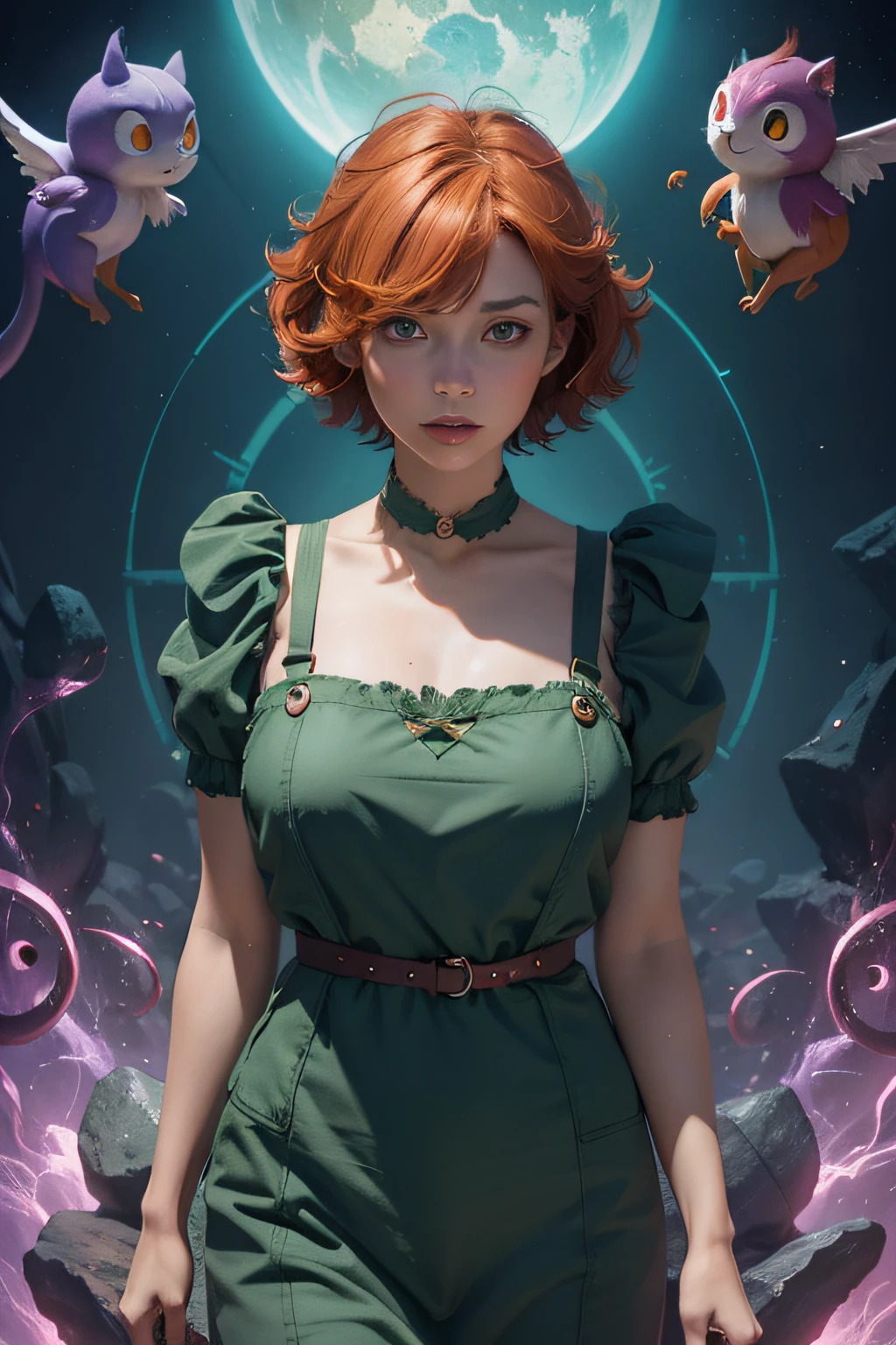 concept art, overhead angle of a Will-o'-the-wisp, wearing Funny Somali Emerald deep orange Pinafore, Caramel hair styled as Short hair, fluorescent purple Hair tie, equirectangular 360, Highres, [(art by Willi Baumeister:1.1), (art by John T. Biggers:1.2)::17], official art, unity 8k wallpaper, ultra detailed, aesthetic, masterpiece, best quality, photorealistic