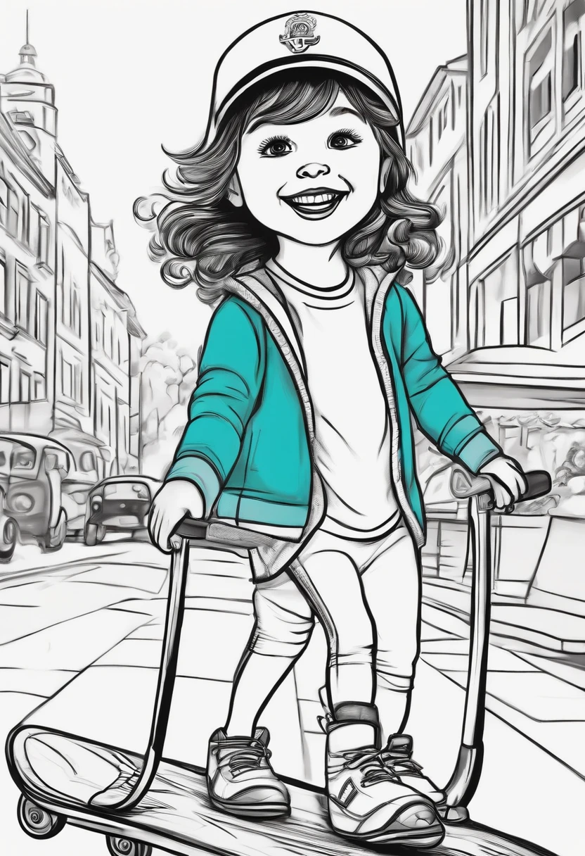 3-year-old girl, estilo dibujo animado, con patinete, sonrisa, thick lines, blanco y negro, colorear