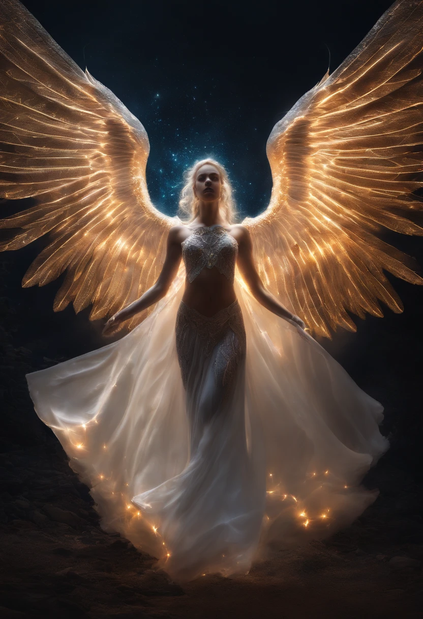 cosmic fallen angel, olhos claros brilhantes, Biomechanicals, estranho, assustador, Pesadelo, cores muito brilhantes, light particles, com luz brilhante, Mshiff, Arte do papel de parede, Papel de parede UHD
