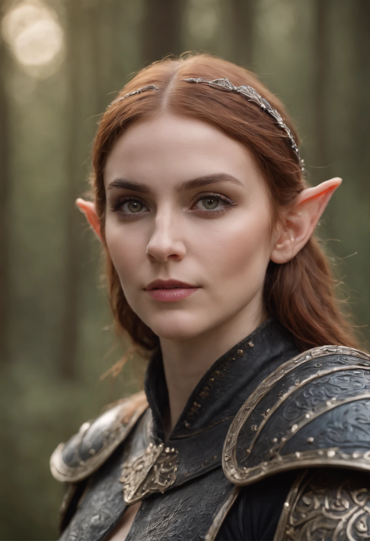 a portrait of a female elf wearing black armor