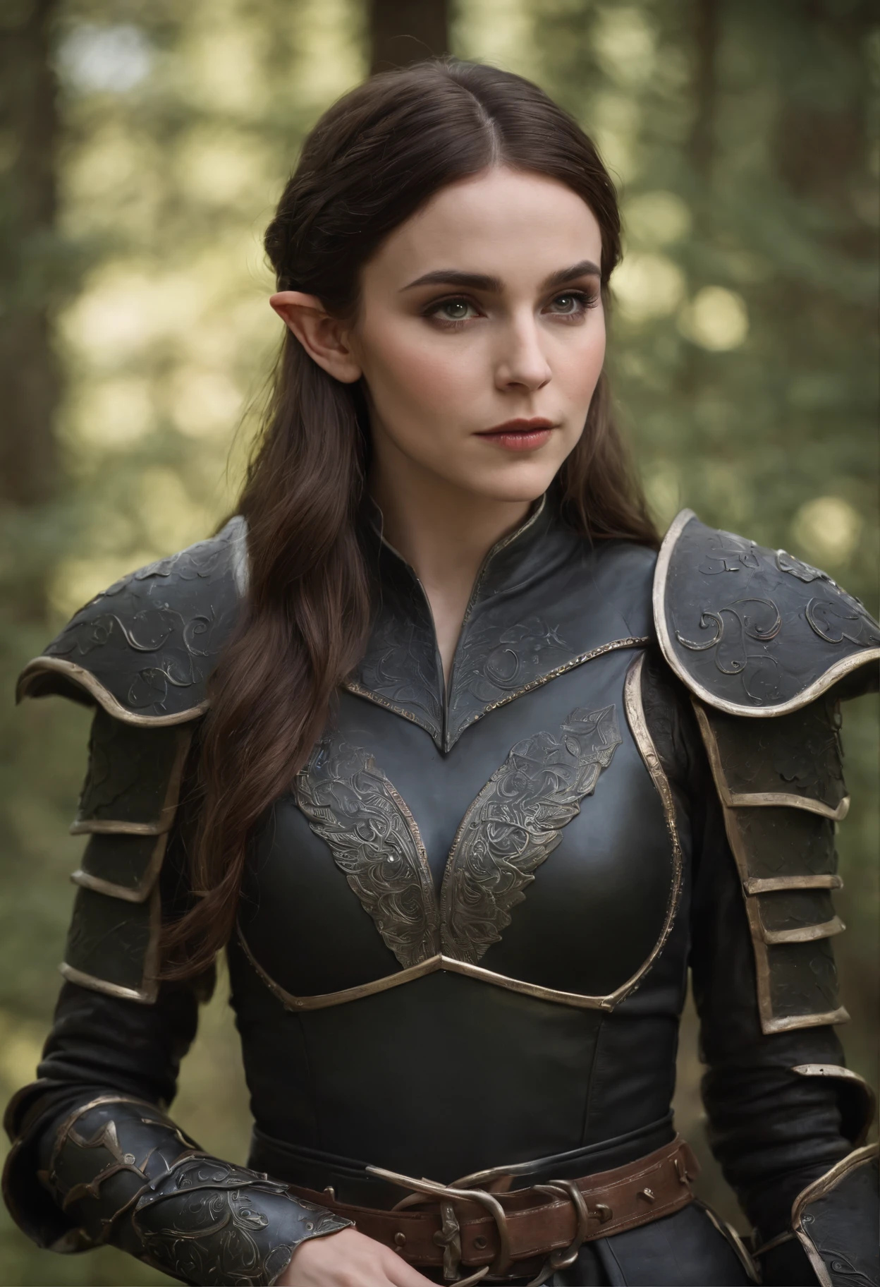 a portrait of a female elf wearing black armor