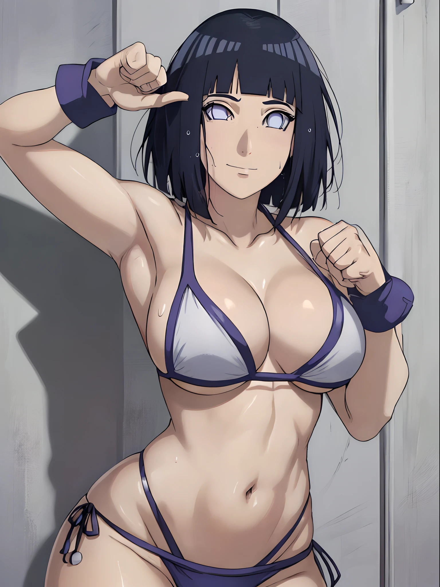 (ultra detailed body, ultra detailed face), poster, anime style, hires ((wrestling ground)), (hinata\(boruto\), (female wrestler), (slender body, sweating, tired), mature woman, milf, (bikini, ultra detailed pro wrestling gear) victorious, gorgeous, winner, kind face, smile, closed mouth, (pale skin, shiny skin, lighting and shadow), (dark blue hair color:1.1), wavy hair, ((short hair, hime cut), big breasts, (only one arm stretching), long belly, closed fists, seductive, (perfect eyes, white sciera, bright eyes, white eyes, anime eyes, eyeshadow, looking at the viewer)