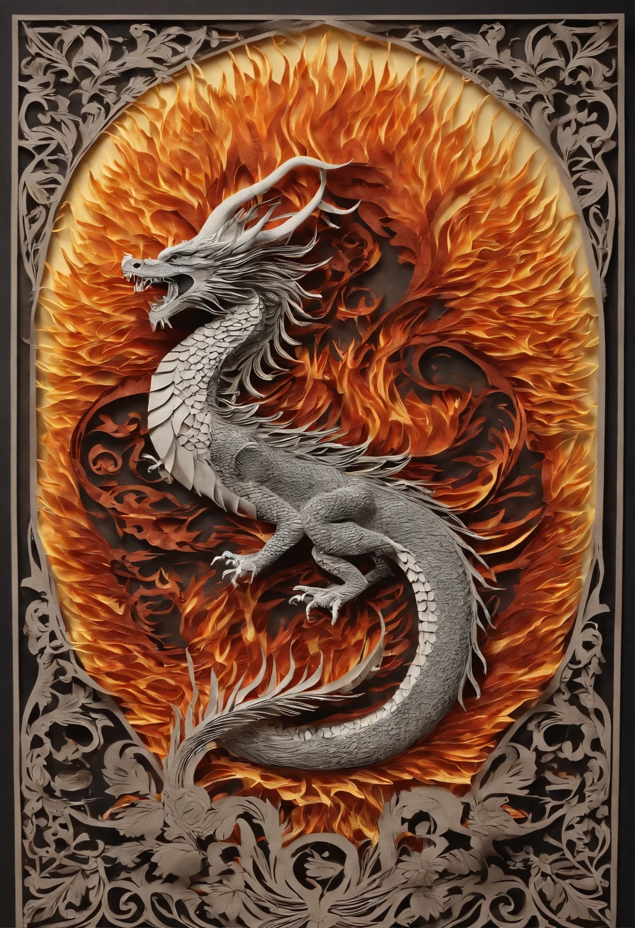 Best Quality, Top image quality, Top resolution, Intricate details, Craftsmanship, (Papercut:1.3), The work of a magician with fire magic, Ring of Fire, Dragon engulfed in flames, Cutting framed paper, Protruding from the flame of the flame, Actual Paper Burning, fire, Real Fire
