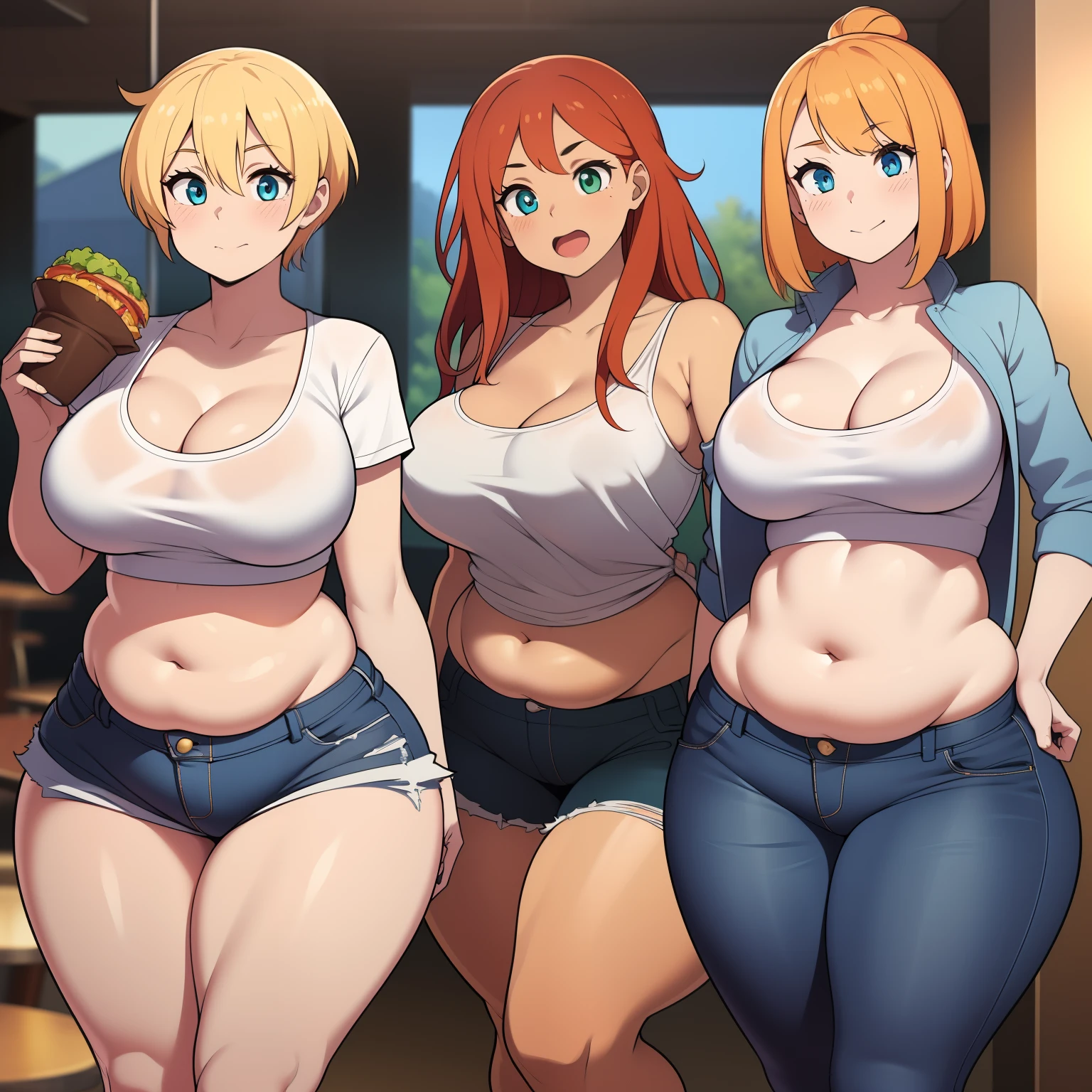((highres)), Masterpiece, high quality, best quality, beautiful, perfect lighting, detailed face, ultra cute face, ((2girls)), one girl has blonde hair, blue eyes, crop top and shorts skindentation, one girl has orange hair, green eyes, jeans, white shirt, thighs clothes, full body, fast food restaurant, medium breasts, perky breasts, cleavage, ((wide hips)), ((thick thighs)), ((chubby)), pudgy belly, fat folds, belly hang, standing,