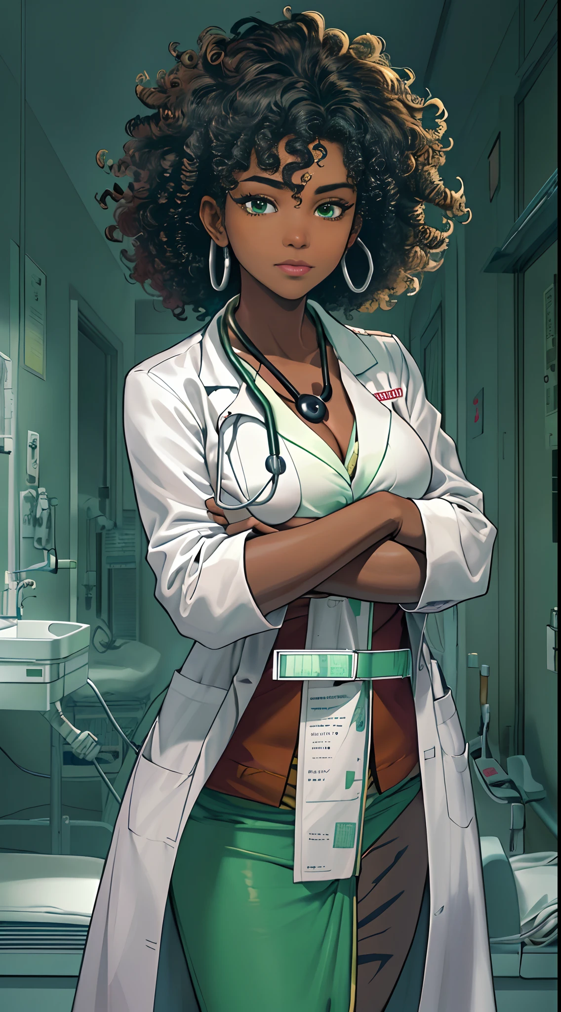 ((Masterpiece, hiquality, absurdress) 1Woman, black hair, curly hair, Afro-curly hair, Green eyes, a perfect face, the perfect body, big breastes, short stature, very dark skin, Hindu woman, 独奏, ((Best Quality)), ((Masterpiece)), (Detailed:1.4), Detailed eyes and face, white robe, Medical Uniform, Doctor's costume, medical doctor, hospital, night shift, Emergency Physician