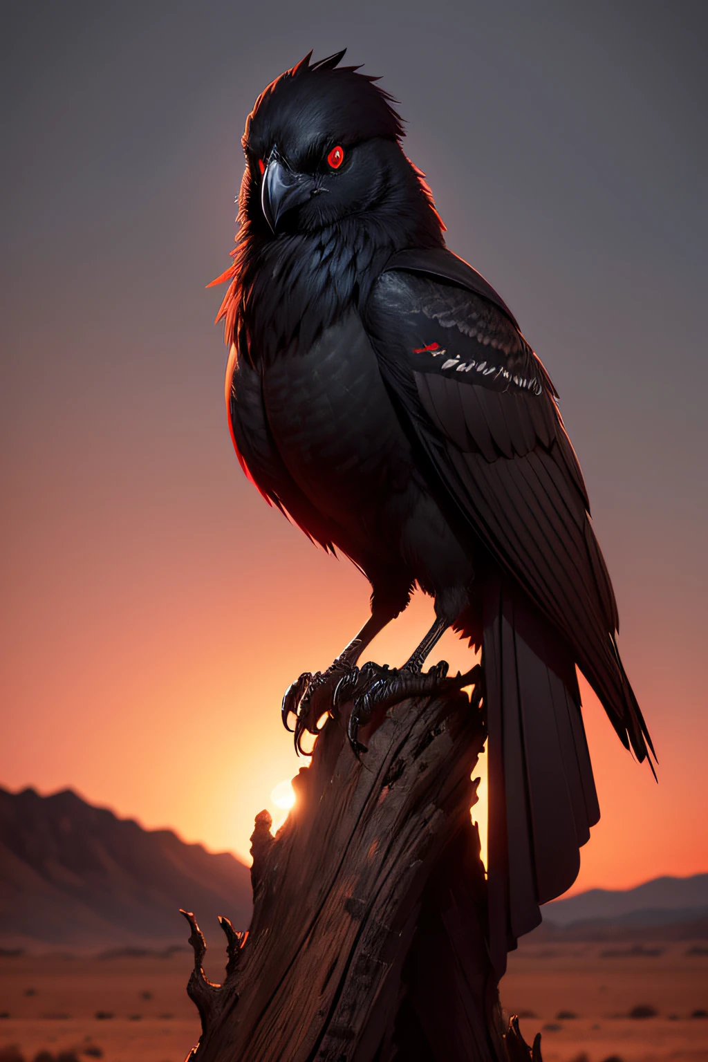 Shadowy crow with red eyes perched on a dry tree in a desert landscape with reddish sky