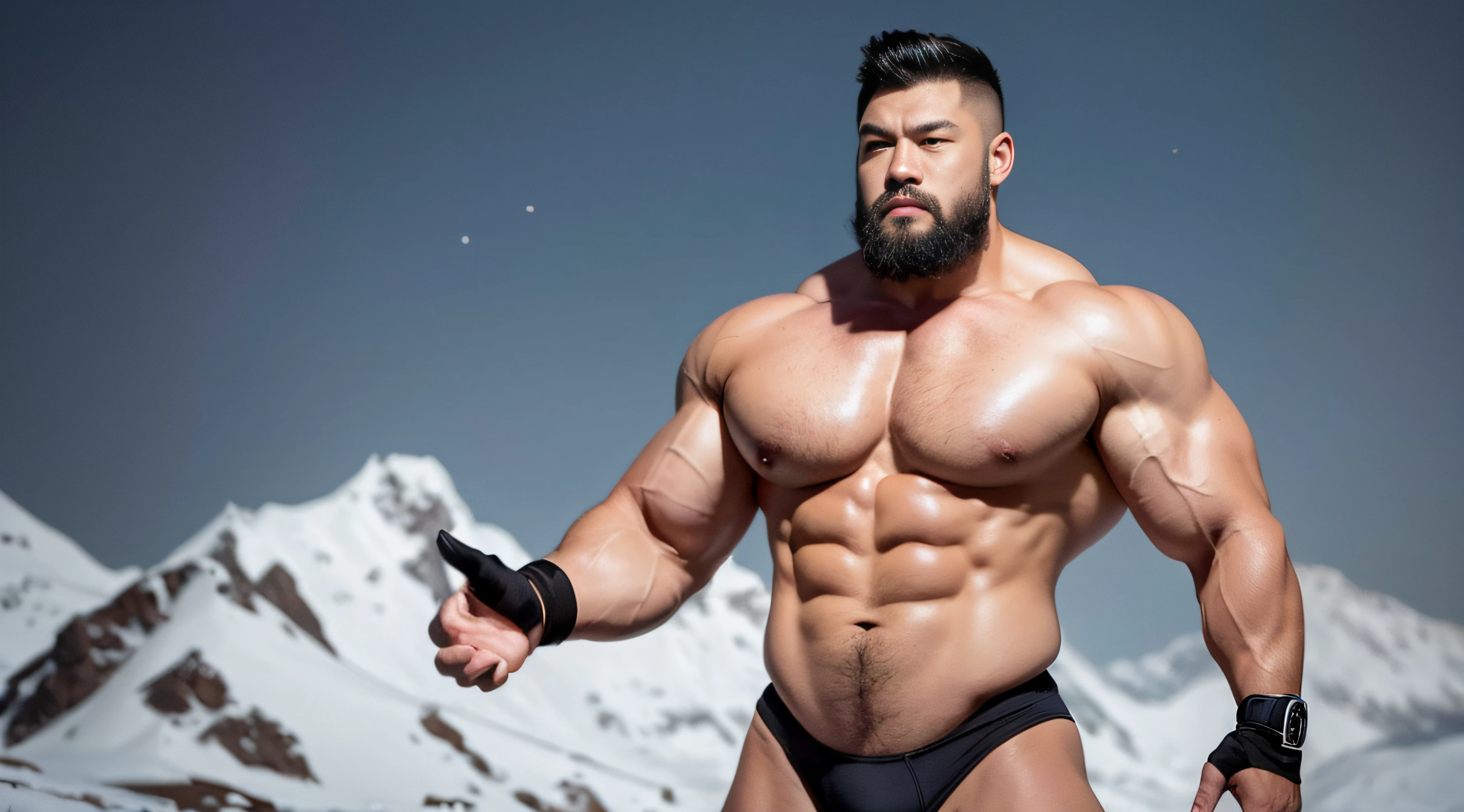 A Chinese bodybuilder,Wearing fur,the super hot and sexy,Blonde hair, short detailed hair, on a snowy mountain,Sunset lights, Short beard perfect figure with tattoos, Very huge and strong body, Bulging muscles, musculous, Very large pectoral muscles,Very sexy abs,The legs are muscular,Tall and mighty,Exposed Body,Tall and burly,toned figure,Huge raised genital area,Brightens oily skin,Muscular。