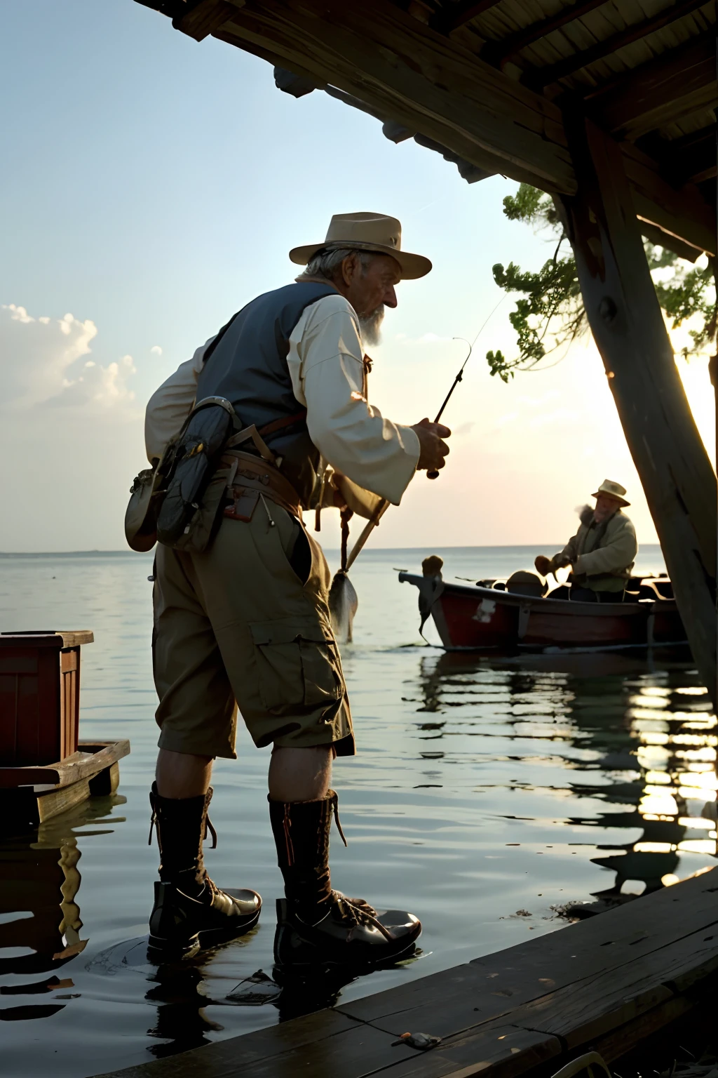 A fisher man was fishing in big lake, He had best bait, best tackle, best boat., one old men ask question to fisher men, the old men and fisher men communicate with each other from over over boat. camera angel little higher