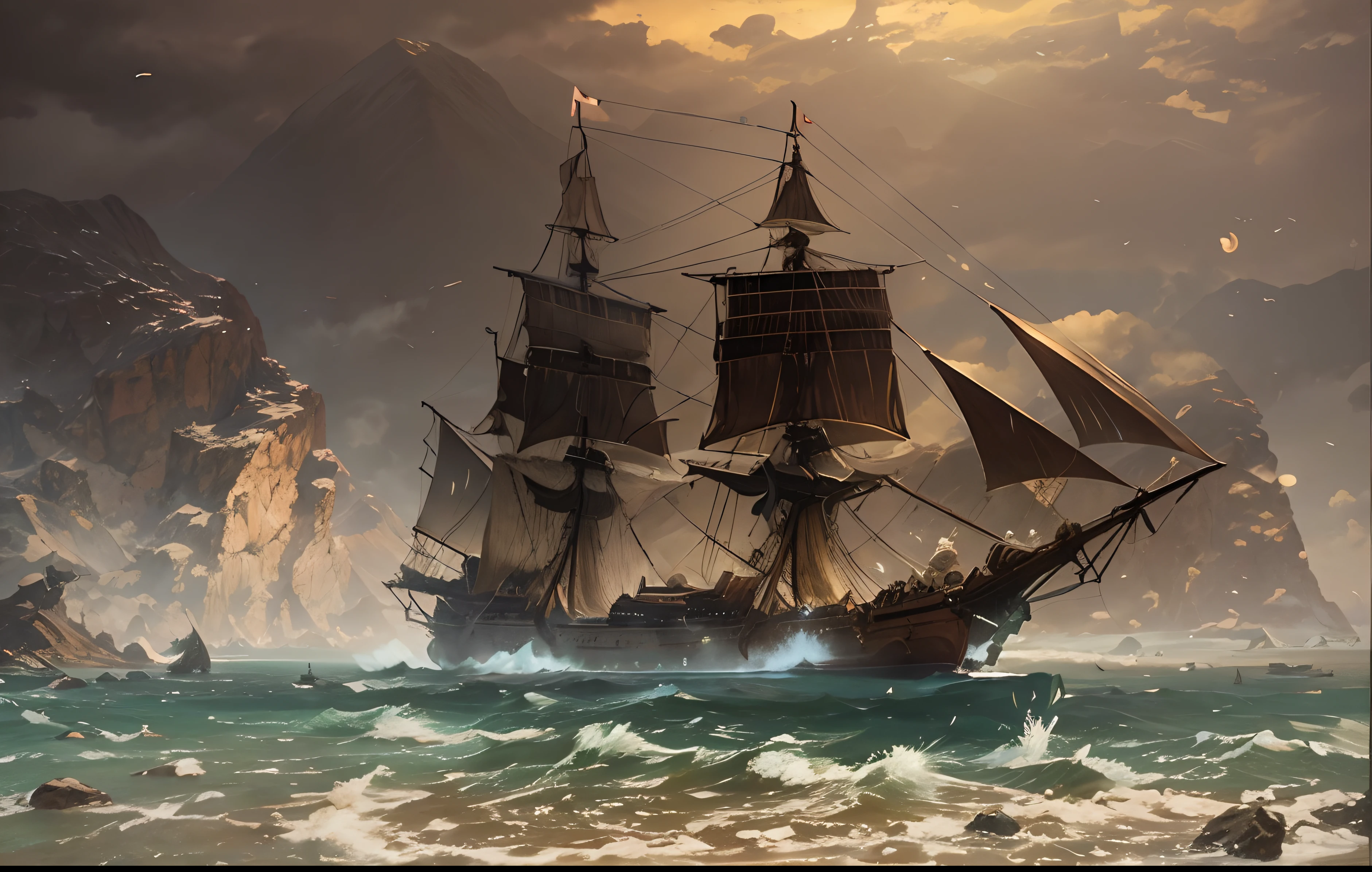 An ancient ship . Sailing over sea. Background mountains. Dystopian art