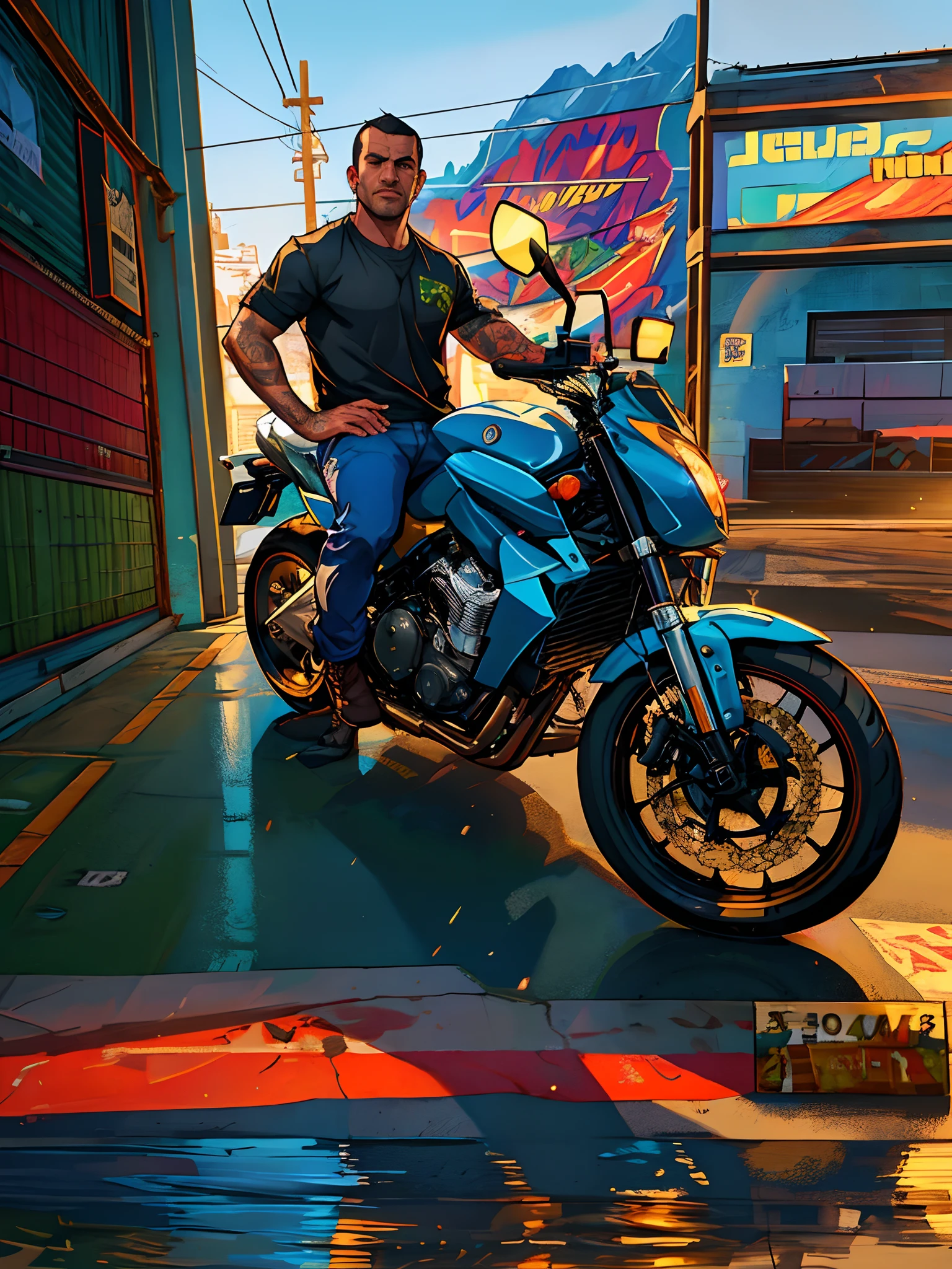 there is a man sitting on a motorcycle in a garage, Obras de arte estilo GTA V, vetor behance hd jesper ejsing, in illustration style digital, Capa 2D Game Art GTA5, Estilo de arte fotorrealista, estilo de arte vetorial, GTA Estilo de Arte, Estilo de arte fotorrealista, arte gta 5 quadrinhos, GTA Arte, daniel maidman octane rendering