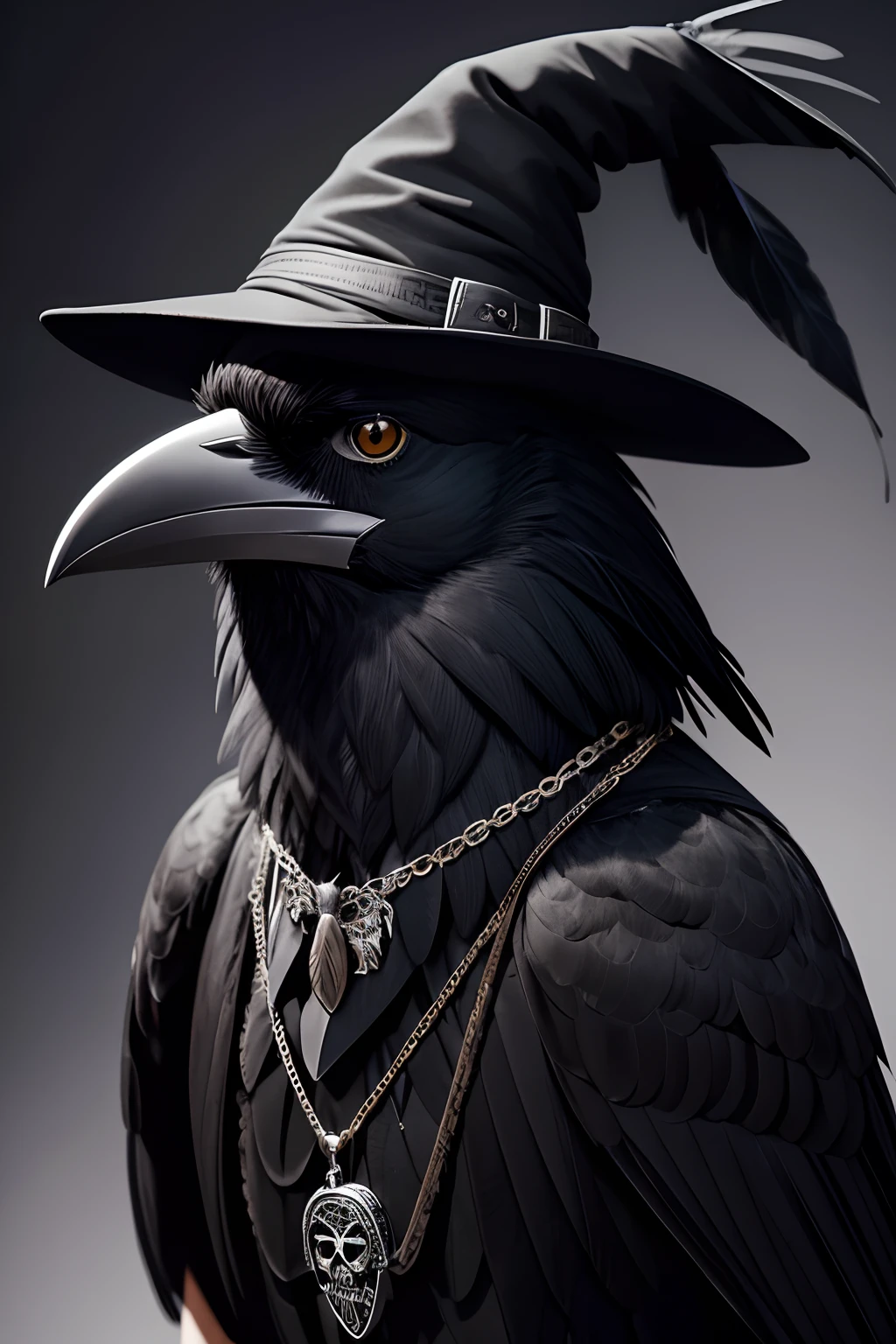 portrait of a black bird head wearing a witch hat, pointy hat, leather hat, black hat, crow, feathers, black feathers, white feathers, skull shaped motif in feathers, long black beak, pendant charm necklace