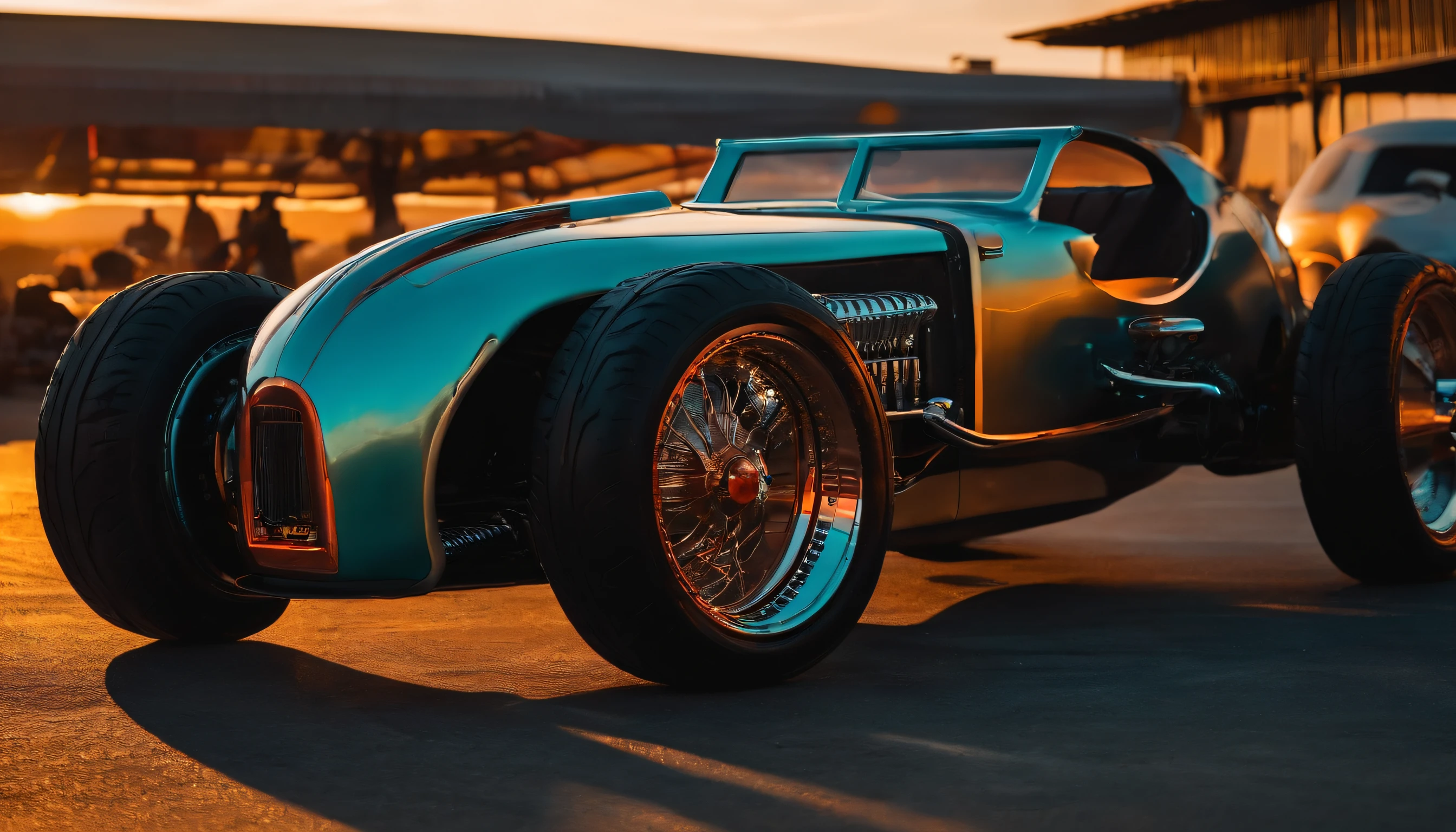 a 3/4 front view of ((futuristic cyberpunk hotrod zeekars)) (with glowing tires), next to ((gal gadot)), at the parking lot, sunset